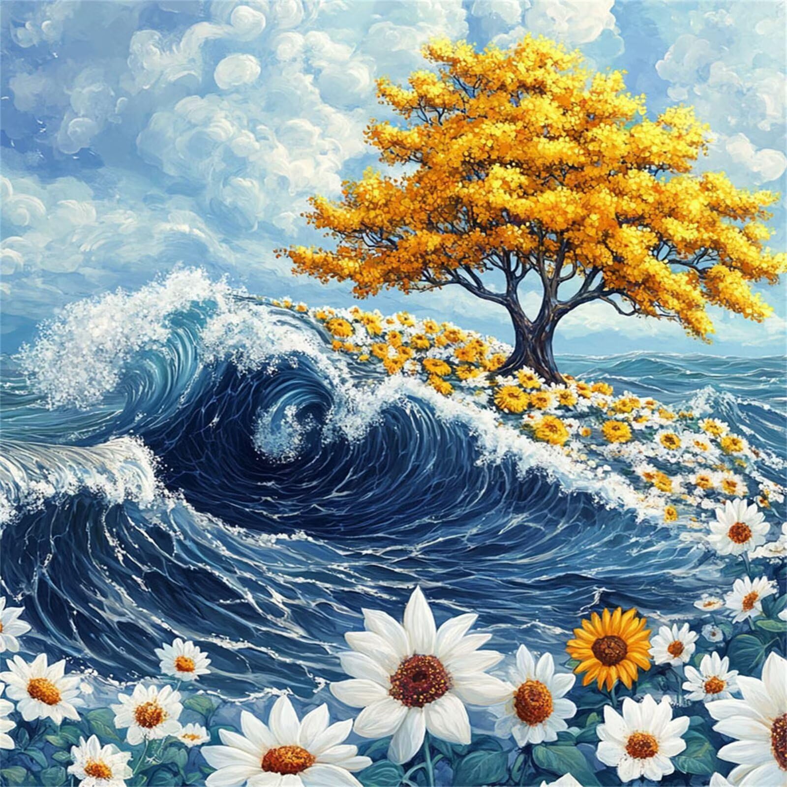 Broderie Diamant Kit Complet 5D, Fleur Diamond Painting Adulte Plein Foret, Peinture Diamant pour Enfant Débutant, Loisirs Créatifs de Détente et Décoration Maison, Vue sur la mer 100x100cm FX#601