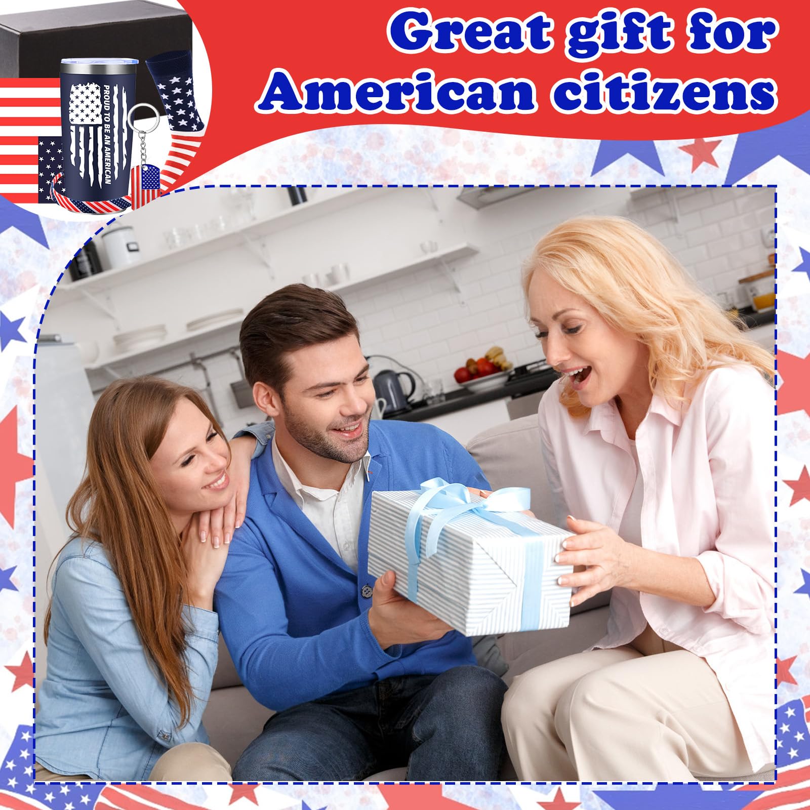 Yoiemivy 6 Pcs New US Citizenship Gifts American Flag Gifts Tumbler Set with American Flag Sock Bandana Bracelet Keychain Patriotic Citizen Gifts Box Basket for Foreigners Veterans