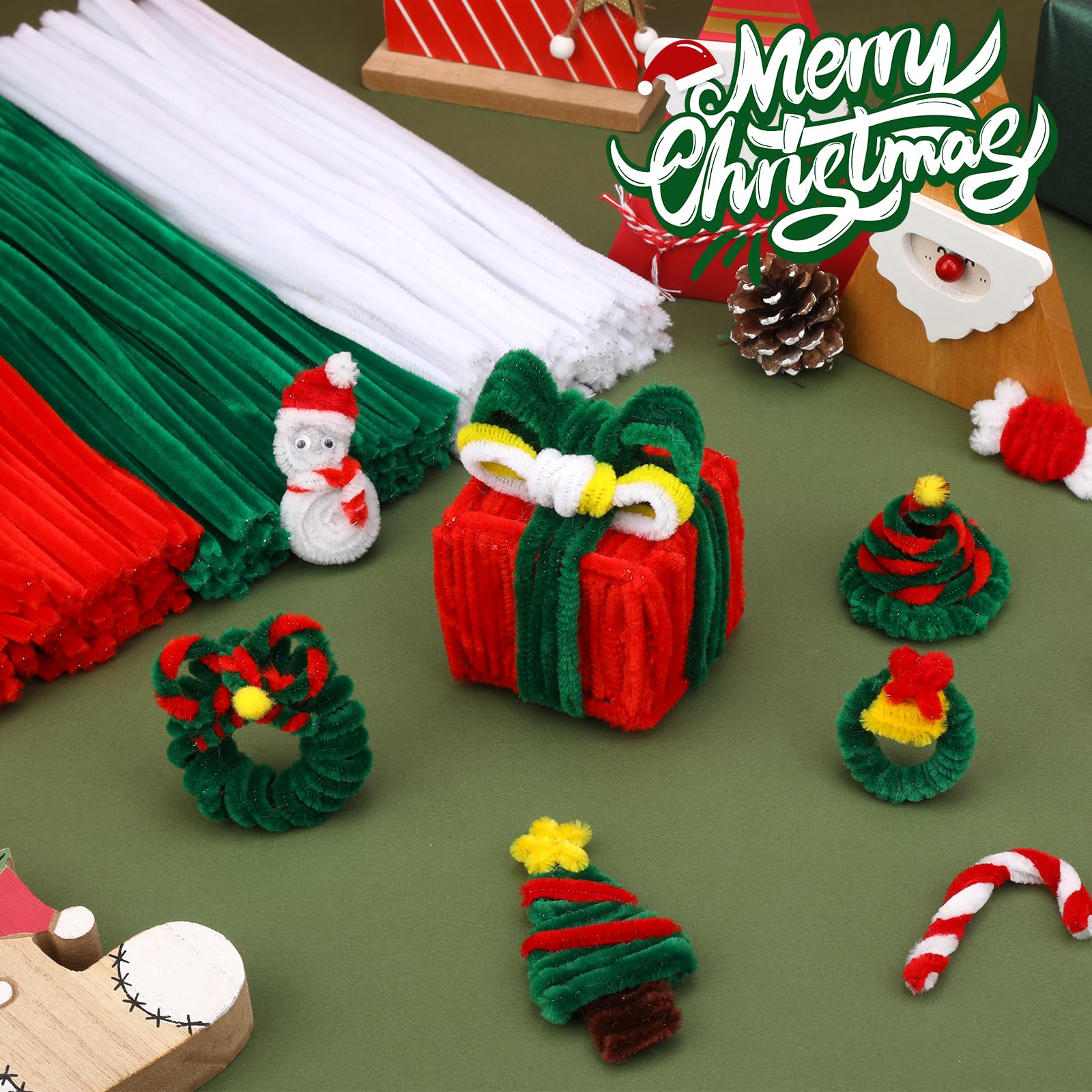 Zlulary Christmas Pipe Cleaners, 300 Pcs Chenille Stems Fuzzy Stick Craft Supplies for DIY Project Christmas Decorations (Red, White, Green)