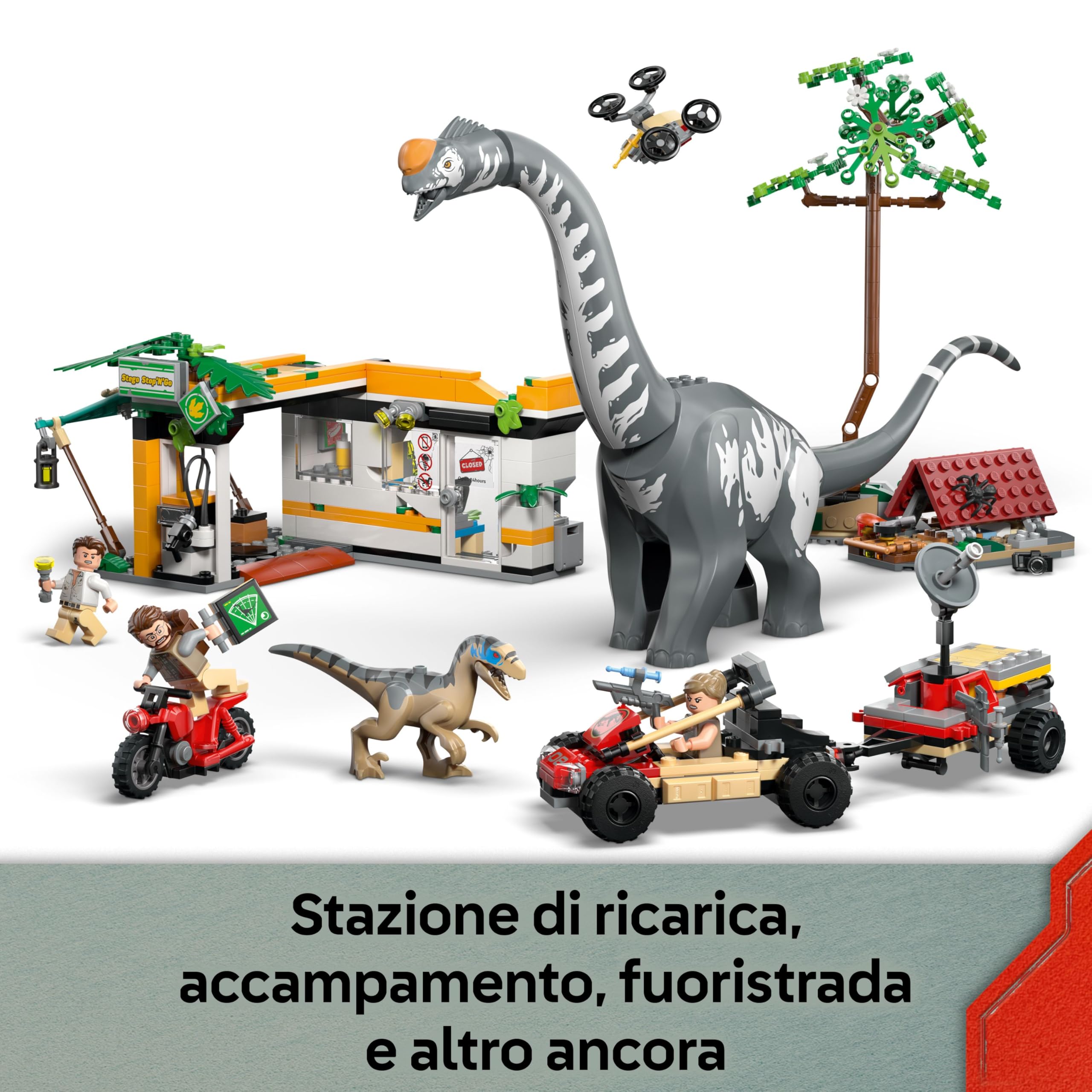 LEGO Jurassic World Alla Ricerca del Raptor e del Titanosauro - Con 2 Figure di Dinosauro Giocattolo, un Fuoristrada, una Moto e 3 Minifigure - Regalo per Bambini e Bambine da 7 Anni in su - 76973