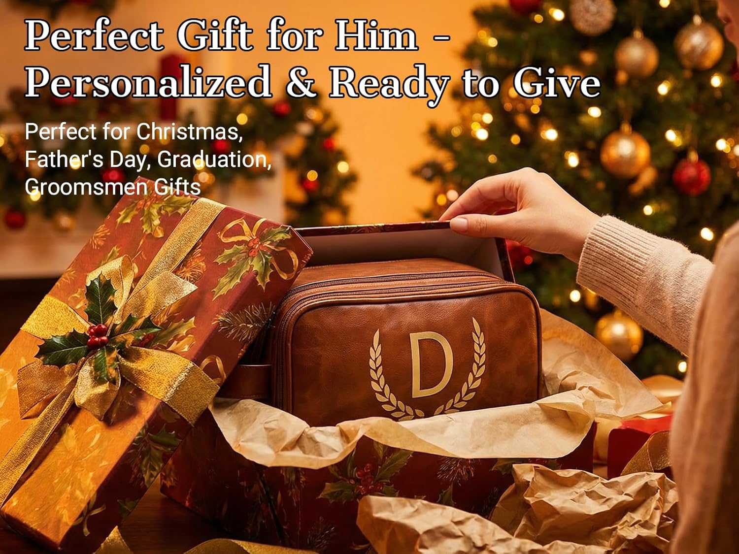 OXYEFEI Personalized Gifts for Men, Personalized Large Toiletry Bag for Men,Custom PU Leather Waterproof Mens Toiletry Travel with Initial Essential Dopp Kit Shaving Bag (T, Light Brown)