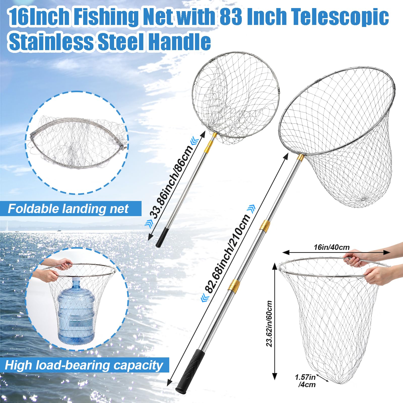 Retino da pesca resistente con manico telescopico in acciaio inossidabile da 200 cm di diametro, guadino pieghevole leggero per spigola, trota, pesce gatto, salmone, Steelhead, barca in