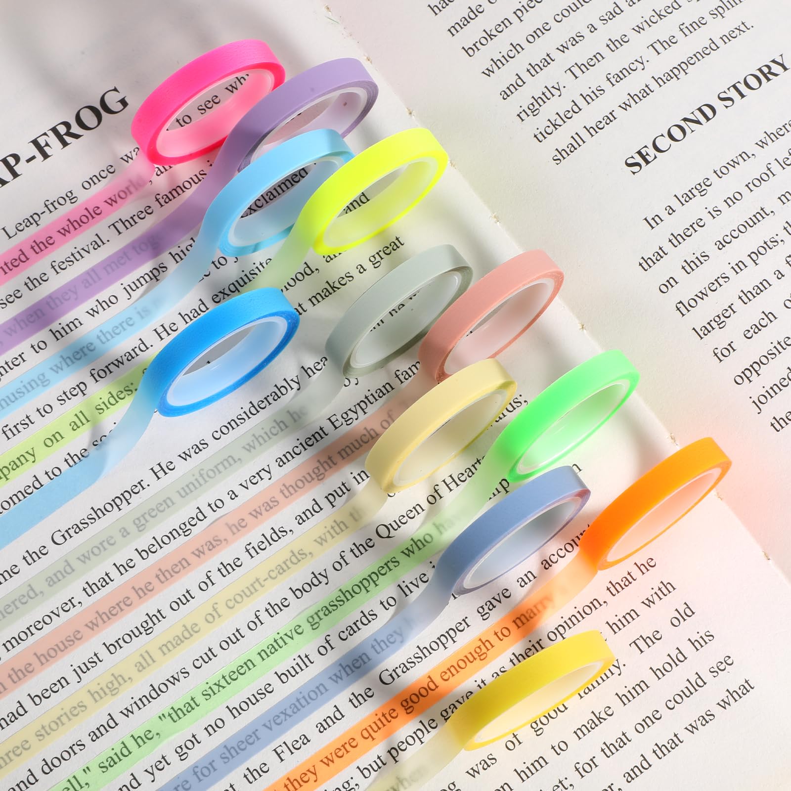 Sliverdew 15 rollos de tiras adhesivas fluorescentes extraíbles de colores transparentes para profesores, estudiantes, clase, oficina (0,6 cm x 5 m)