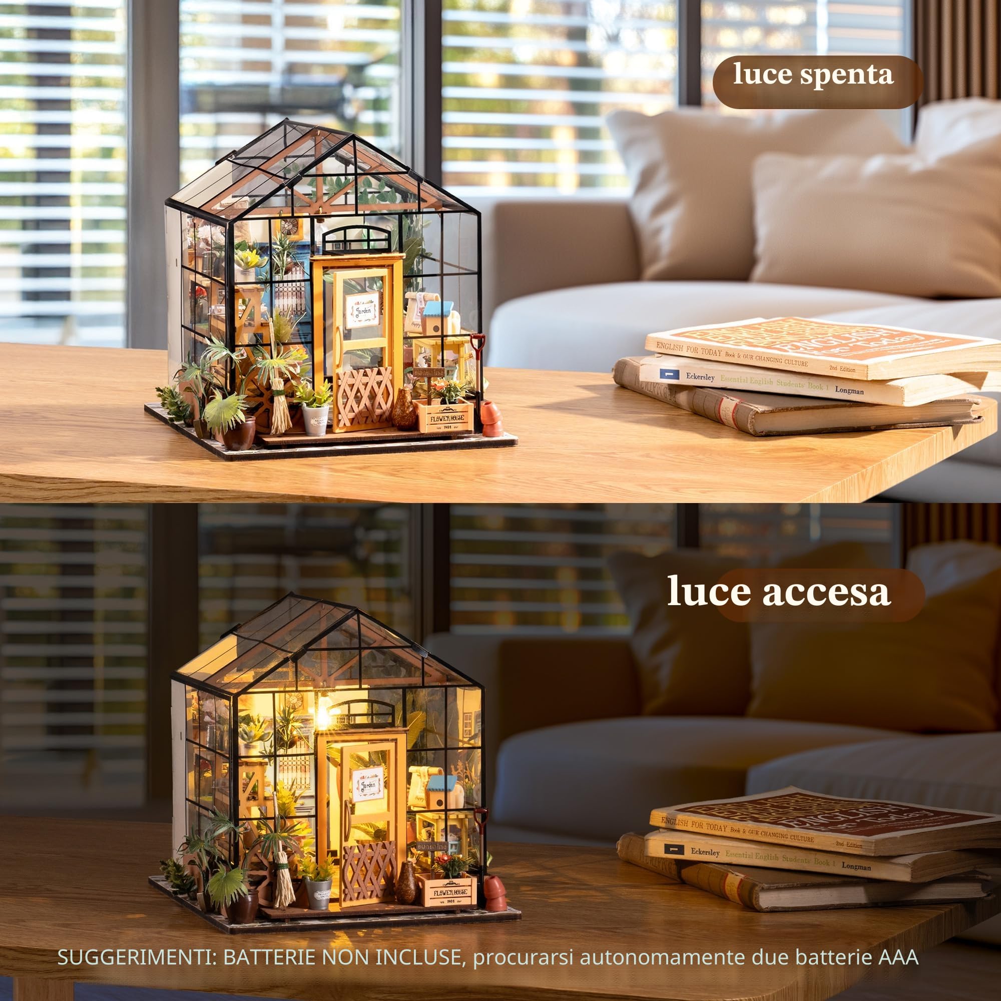 Rolife - Kit per casa delle bambole in miniatura fai da te, scala 1:24, con serra in legno e mobili in miniature, per donne, bambine, bambini, regalo per compleanno, Natale e San Valentino