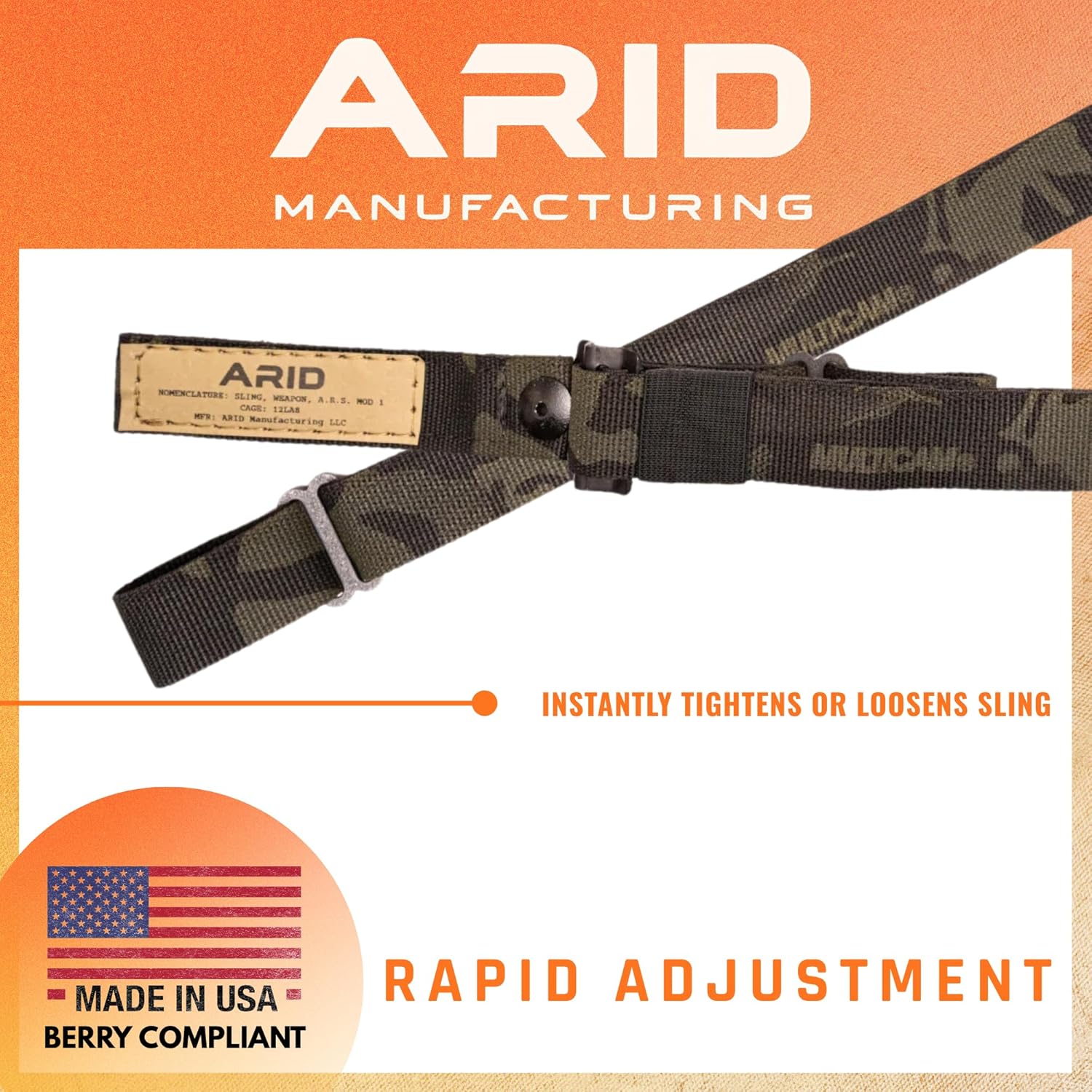A.R.S. Mod 1 Two-Point Rifle Sling I Tactical Mil-Spec Gun Sling I Quick Adjust I Self-Stowing I Lightweight Nylon I Integrated Elastic Retention I USA Made I Multicam Black