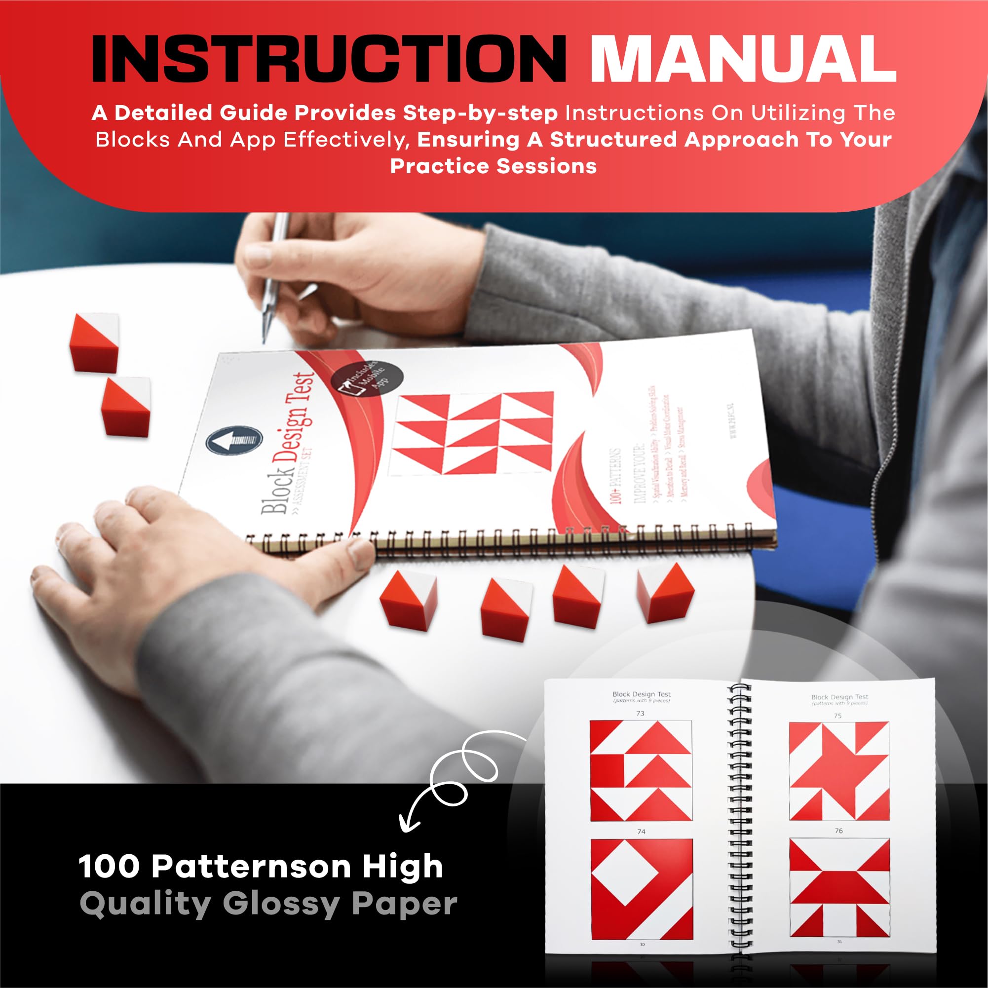 PrfcNL Pacchetto di pratica ed esame del test del QI come BDT, WISC, WPPSI, WAIS con oltre 100 modelli, app mobile, blocchi 3D e manuale,Kit educativo Montessori per concentrarsi, coordinamento e memo
