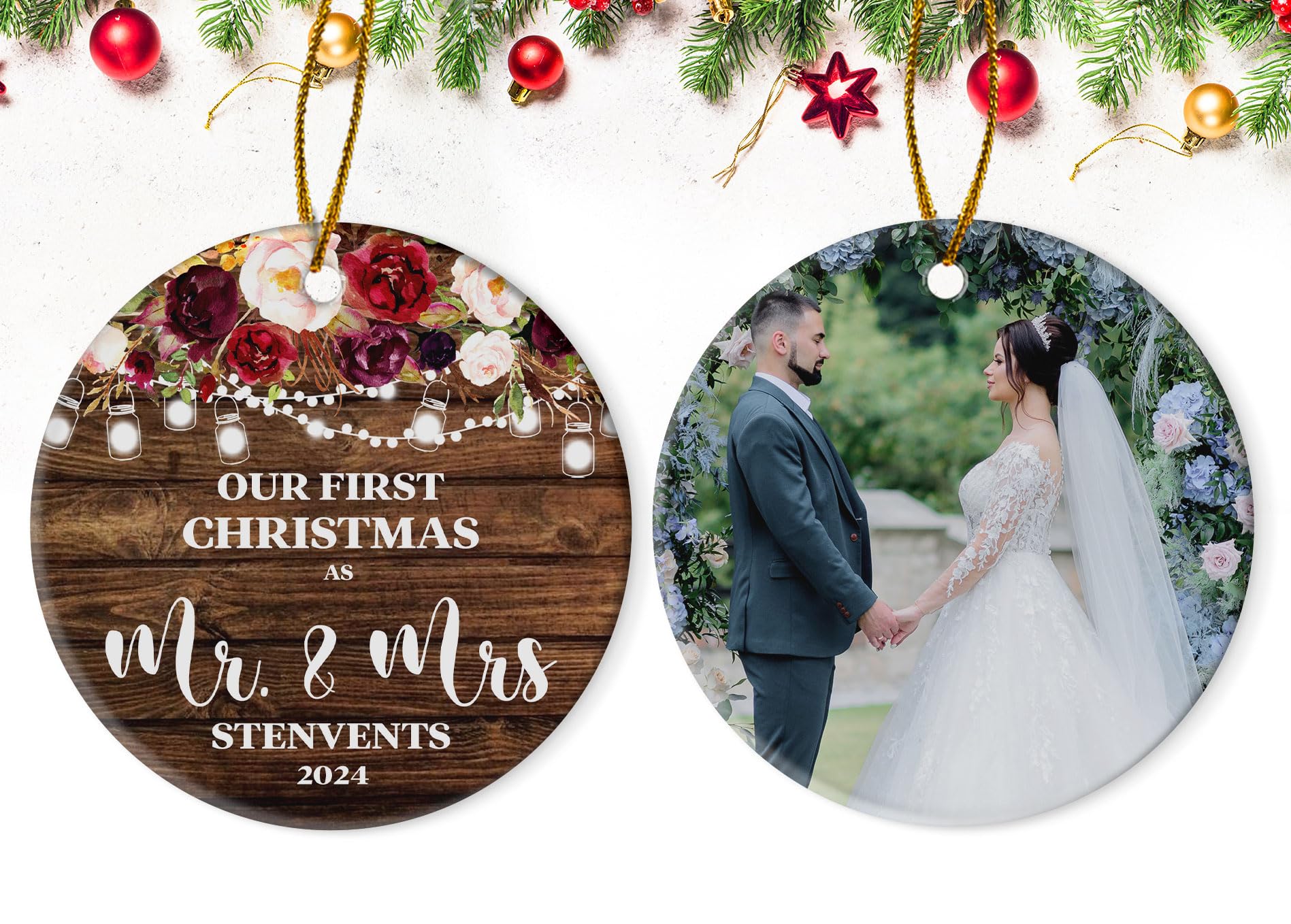 Our First Christmas As Mr and Mrs 2024, Custom Photo Ornament, Customized Gift for Family, Personalized Name Newly Married Ceramic Ornament, Xmas Tree Ornaments Hanging 4