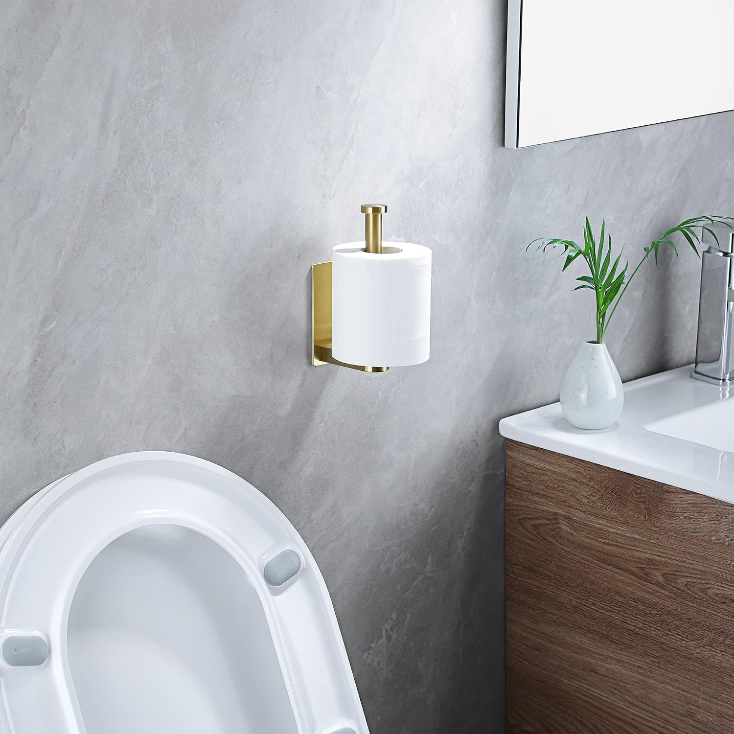 YIGII Adhesive Toilet Paper Holder - Self Adhesive Toilet Paper Roll Holder Wall Mount for Bathroom, Premium Thicken Brushed Brass Stainless Steel, Rustproof