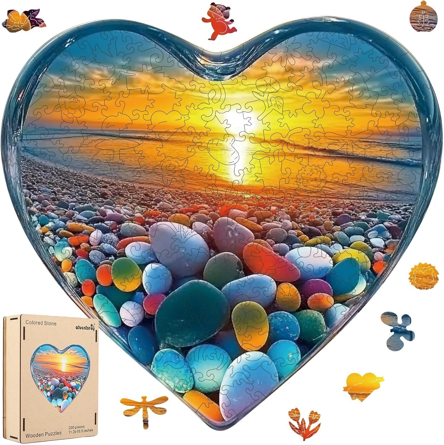 Qiuenisray Heart Wooden Puzzles 500 Pieces, Mother's Day Sunset Wood Puzzle, Stone Crystal Glass FSC Certified Jigsaw Puzzles, Vibrant Art Unique Shaped Puzzlee, Family Game Home Decor 15.3x16.5 in