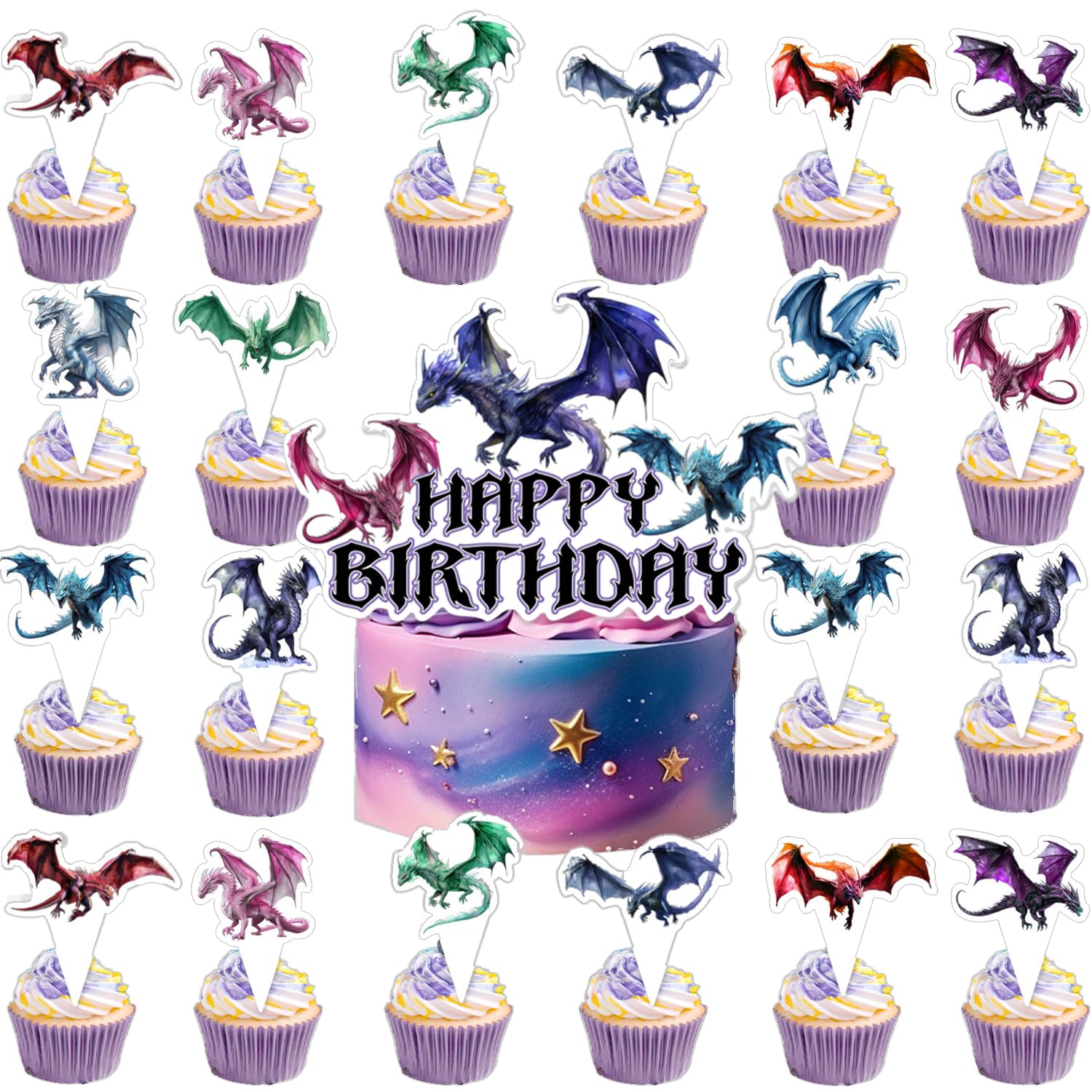 25Pcs Flying Dragon Cake Decoration Set, Fantasy Theme Party, Children's Birthday Decoration,Dinosaur Cup Cake Topper, Boys' Birthday Party Supplies, Baby Bath