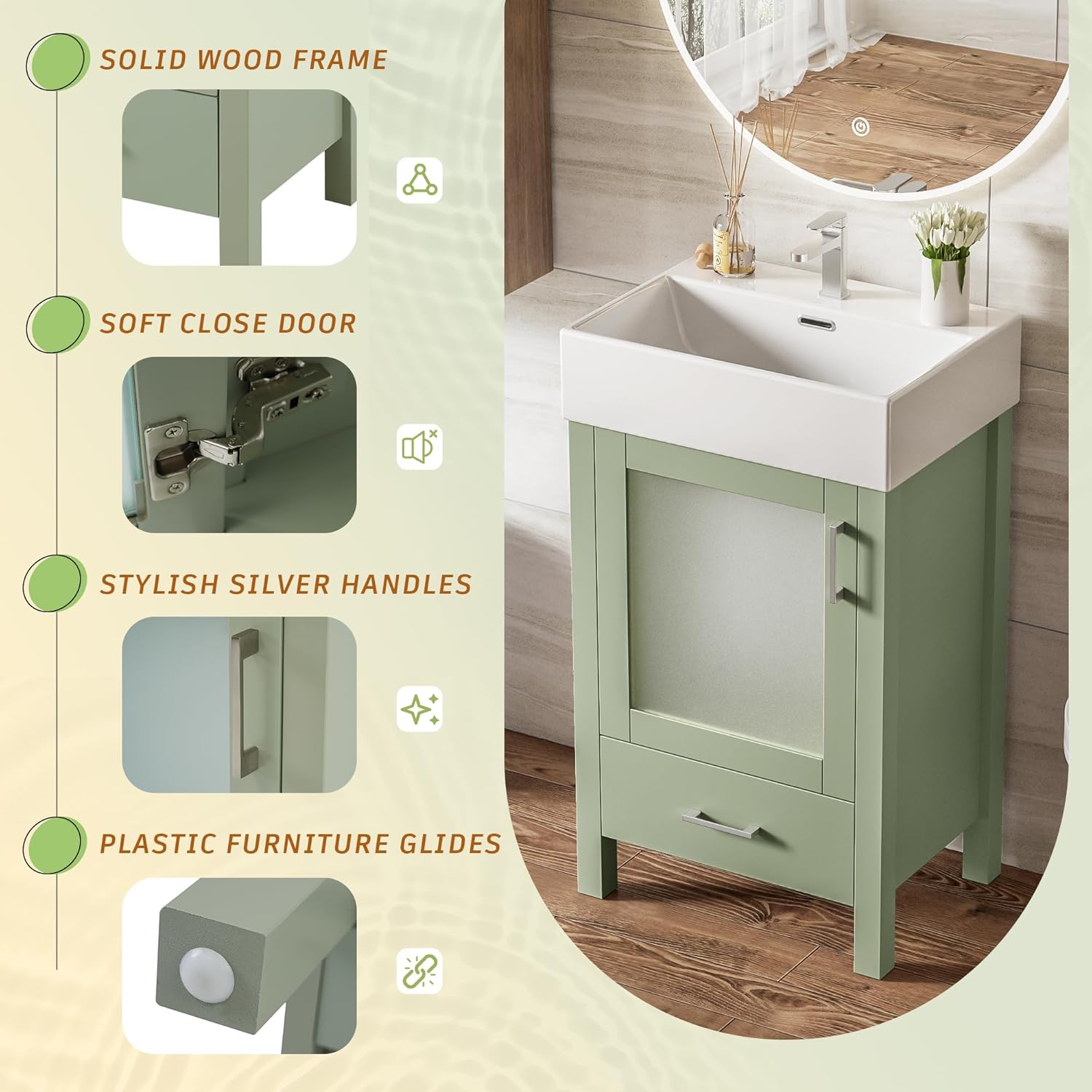 20-Inch Bathroom Vanity with Ceramic Sink and Ample Storage - Ideal for Small bathrooms, Green