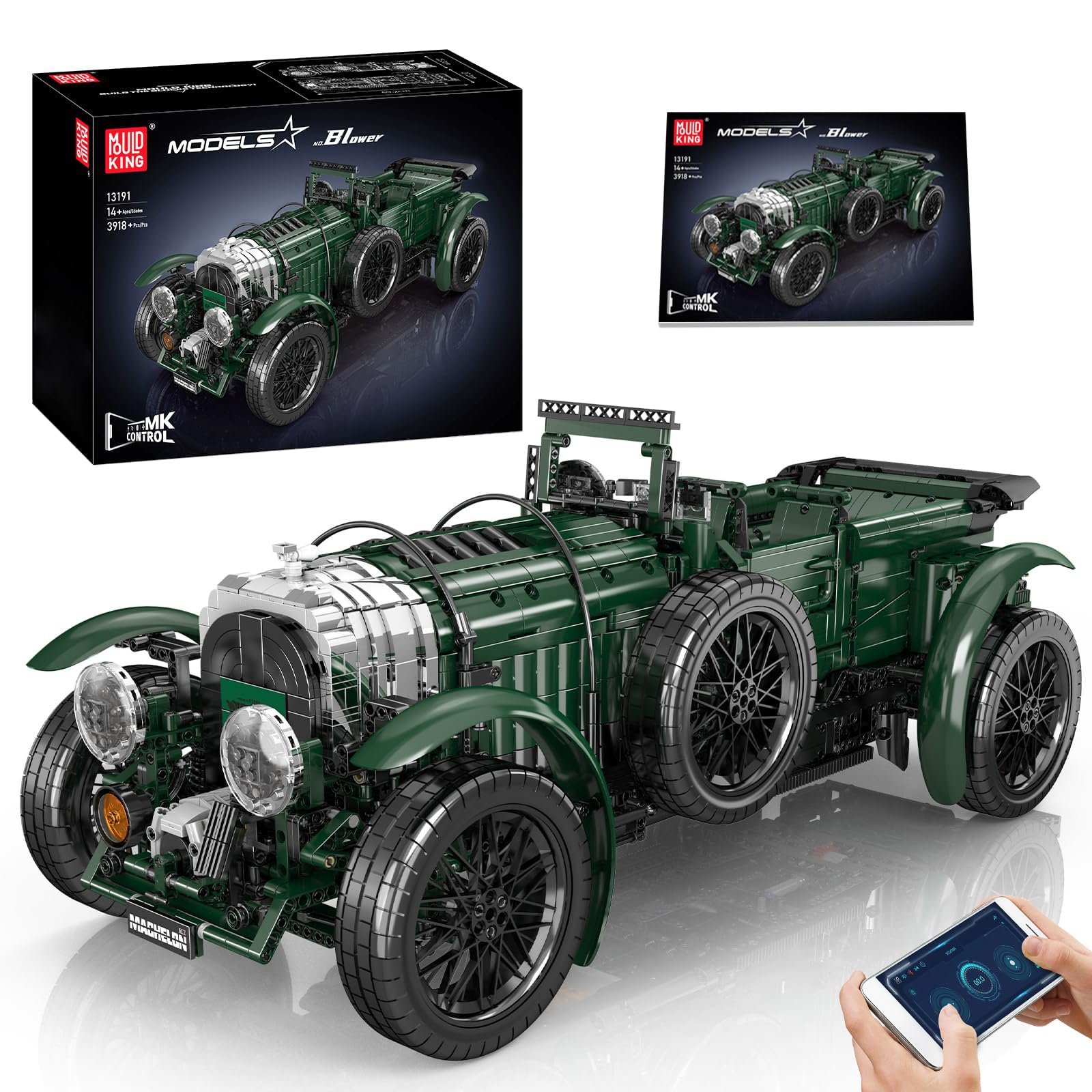 Mould King 13191 MOC Technology Remote Controlled British Oldtimer Model 1930s Blower Technology Clamp Blocks Kit APP Electric Oldtimer Gifts (3918+ Parts)