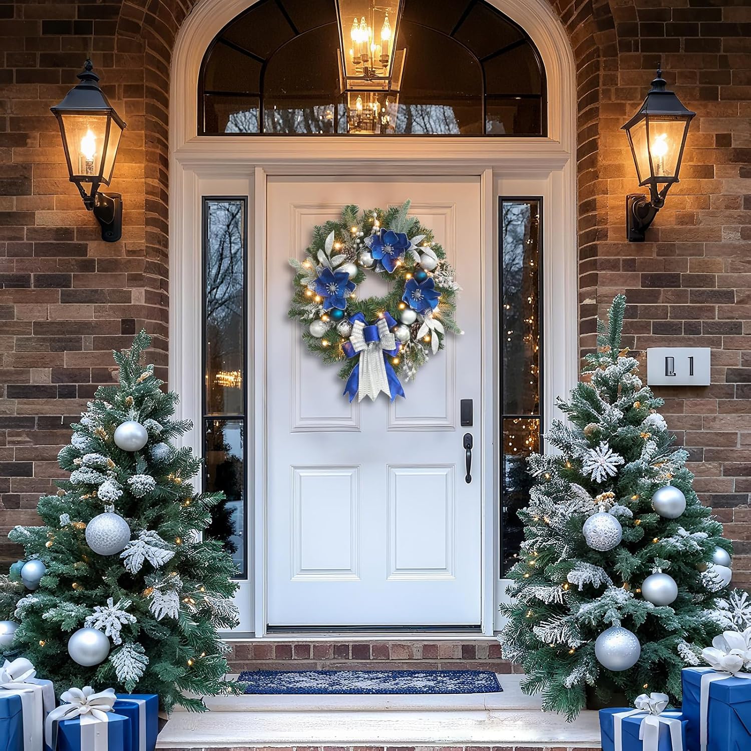 ライト付きブルーシルバーリース。