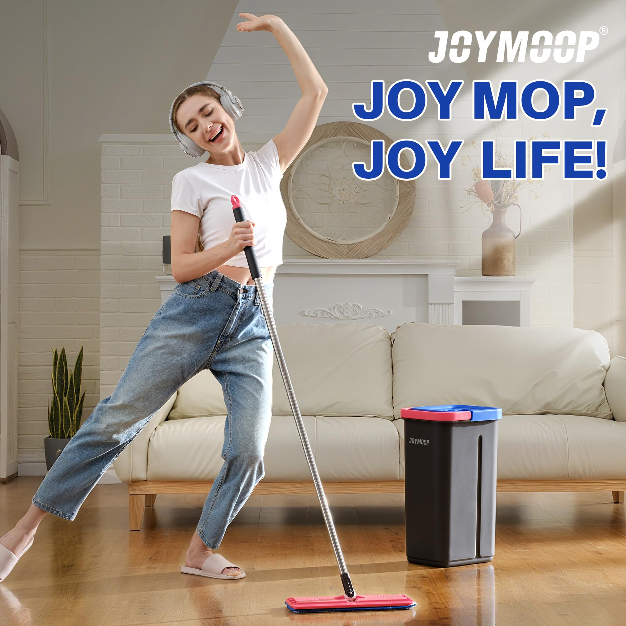 JOYMOOP Juego de mopa y Cubo para el hogar, Sistema de autolimpieza Manos Libres, 3 Almohadillas de Microfibra Reutilizables, para Pisos y Paredes - Negro + Rojo + Azul Pizarra