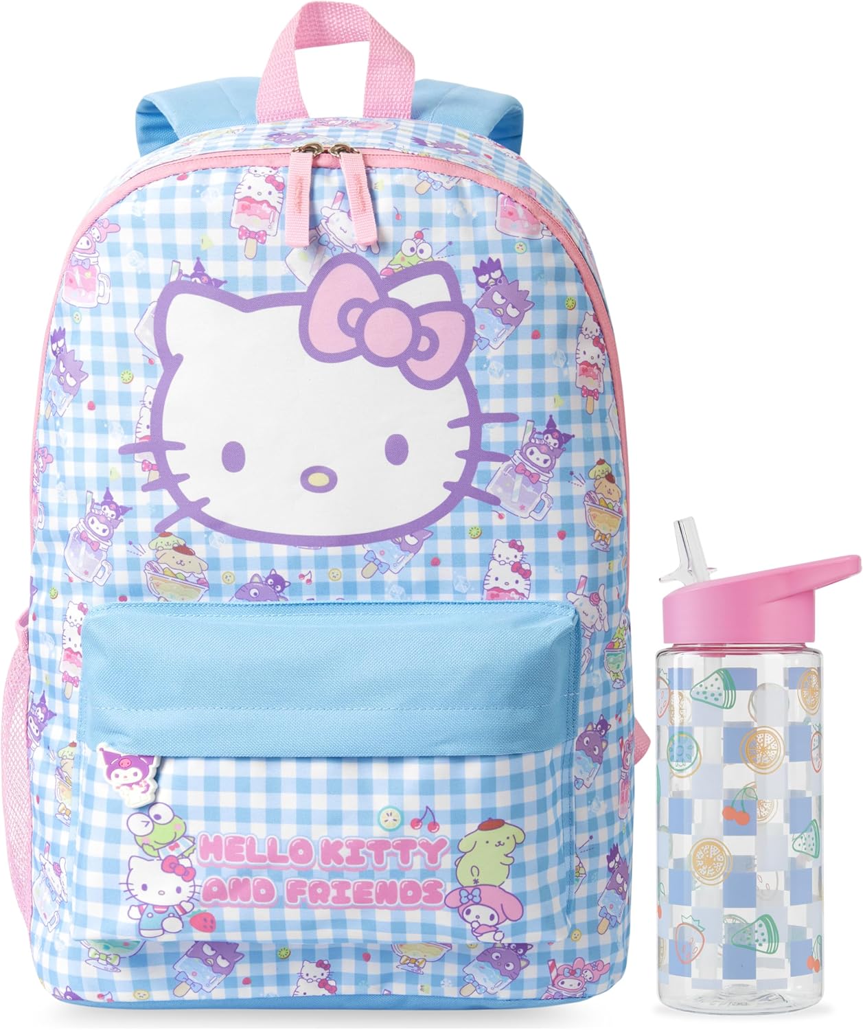 Get Trend Hello Kitty Girls Backpack & Water Bottle, Kawaii 2 Piece Set | 17 inches Bookbag, Adjustable Padded Straps, 16.9 fl oz, BPA-Free Bottle with Straw, Gifts for Girls (Multi Hello Kitty)