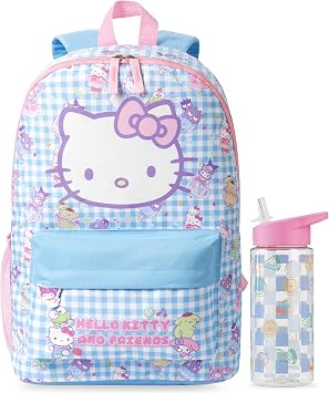 Get Trend Hello Kitty Sanrio Girls Backpack Set, 2 Pcs Lightweight School Bag with 500ml Water Bottle, Sports Travel Book Bag, Kids Large Rucksack, School Supplies, Gifts for Girls (Multi Hello Kitty)