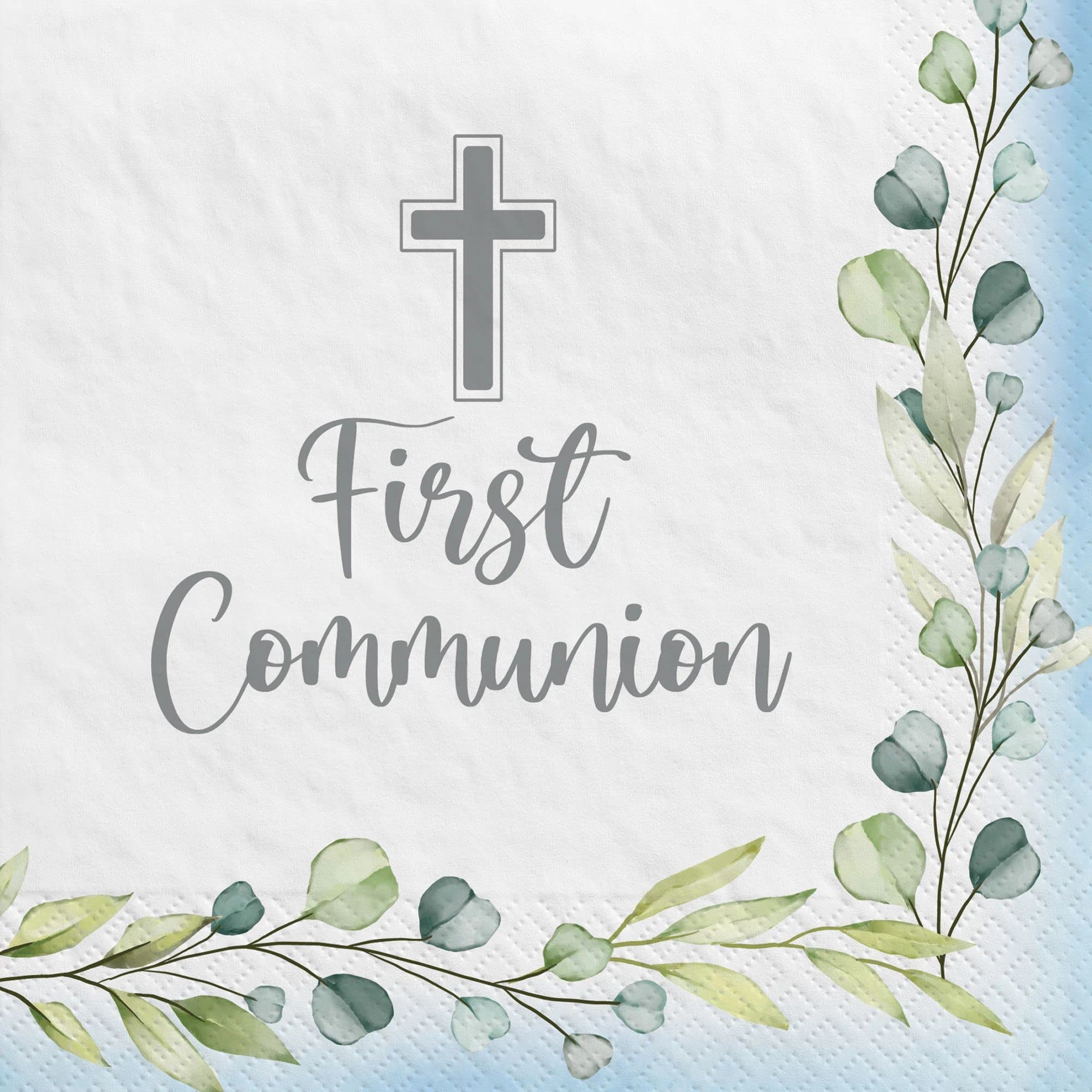 Suministros de fiesta azul de la primera comunión para 20 personas | Platos de papel y servilletas | Diseño de cruz religiosa inspiradora