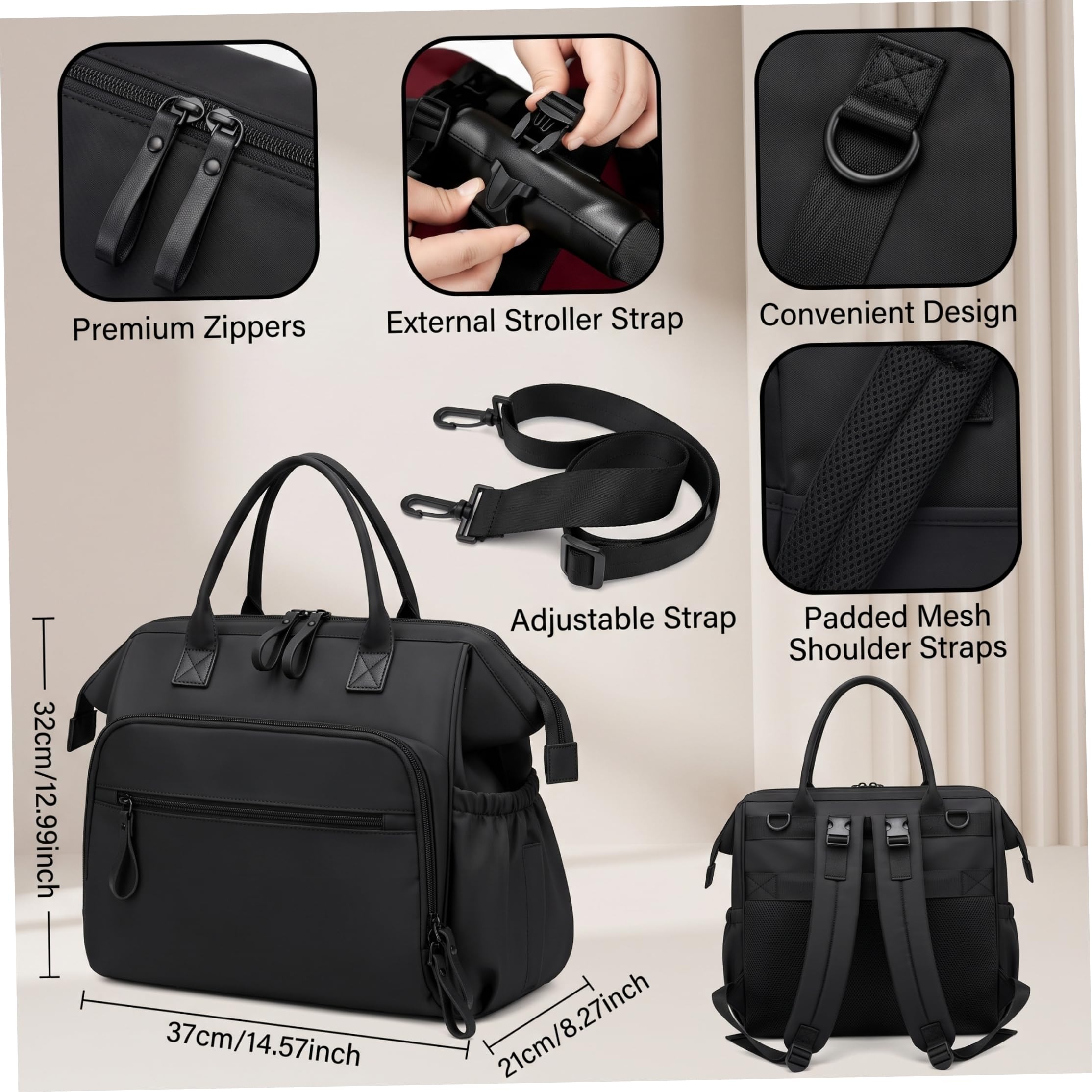 Borsa tote per pannolini, zaino impermeabile di capacità, nero