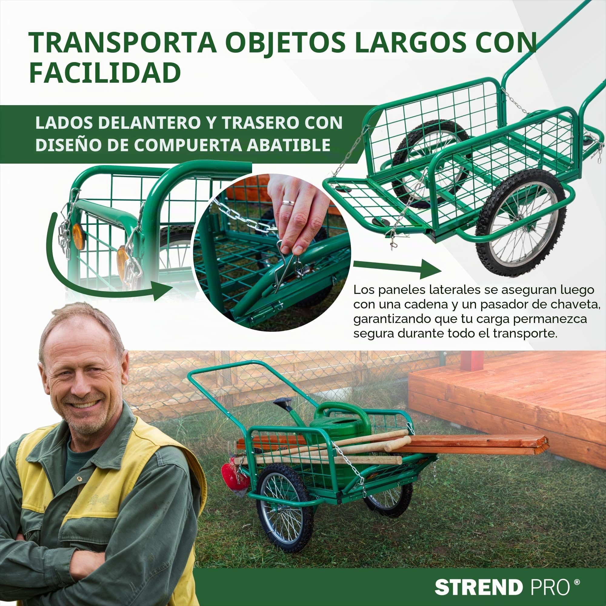 STREND PRO Victor - Carro de mano, metal, laterales plegables, hasta 100 kg, ruedas grandes, estructura de metal, carro de transporte para jardín y transporte, carro de madera, carrito de jardín