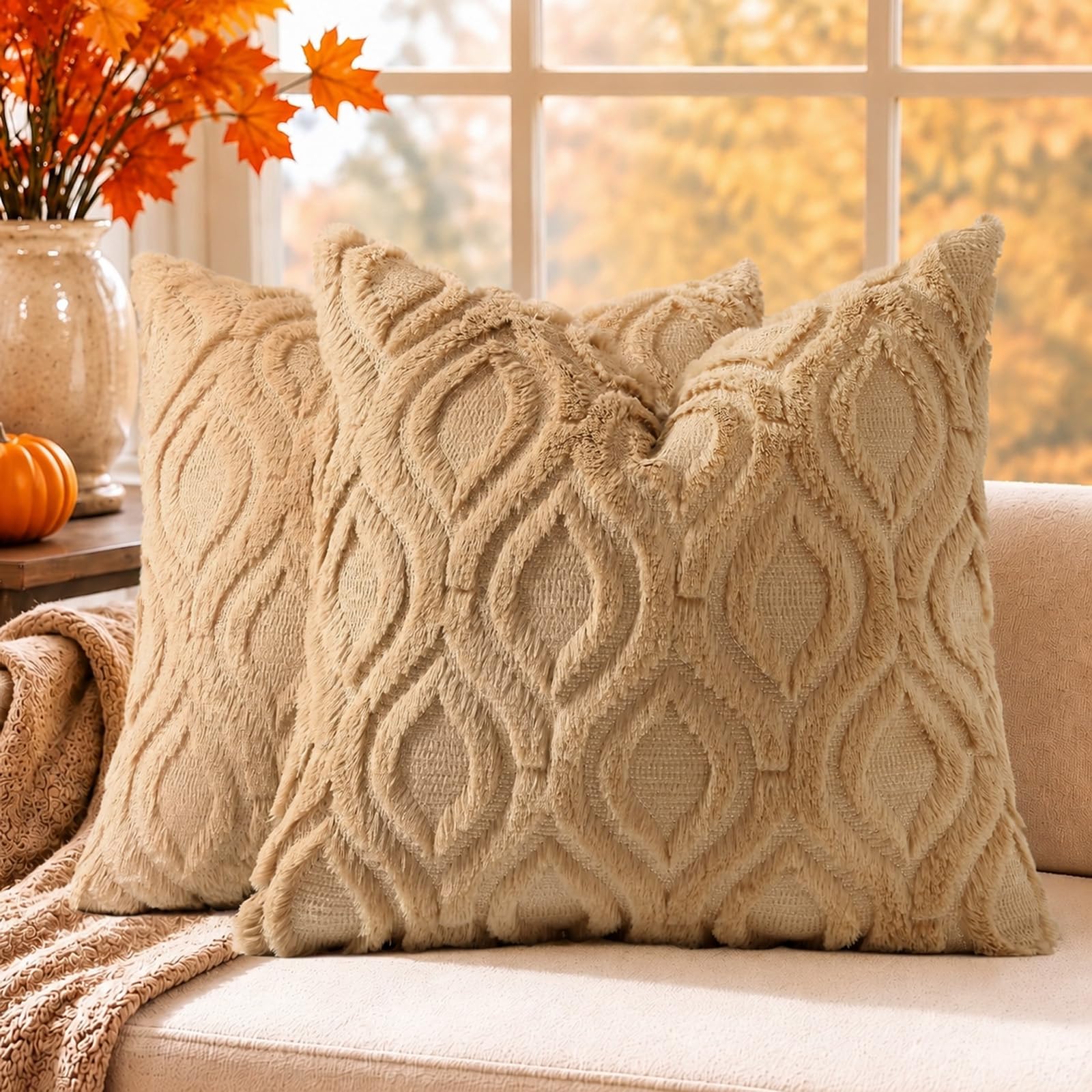decorUhome Faux Fur Light Brown Khaki Throw Pillow Covers 26x26 Set of 2