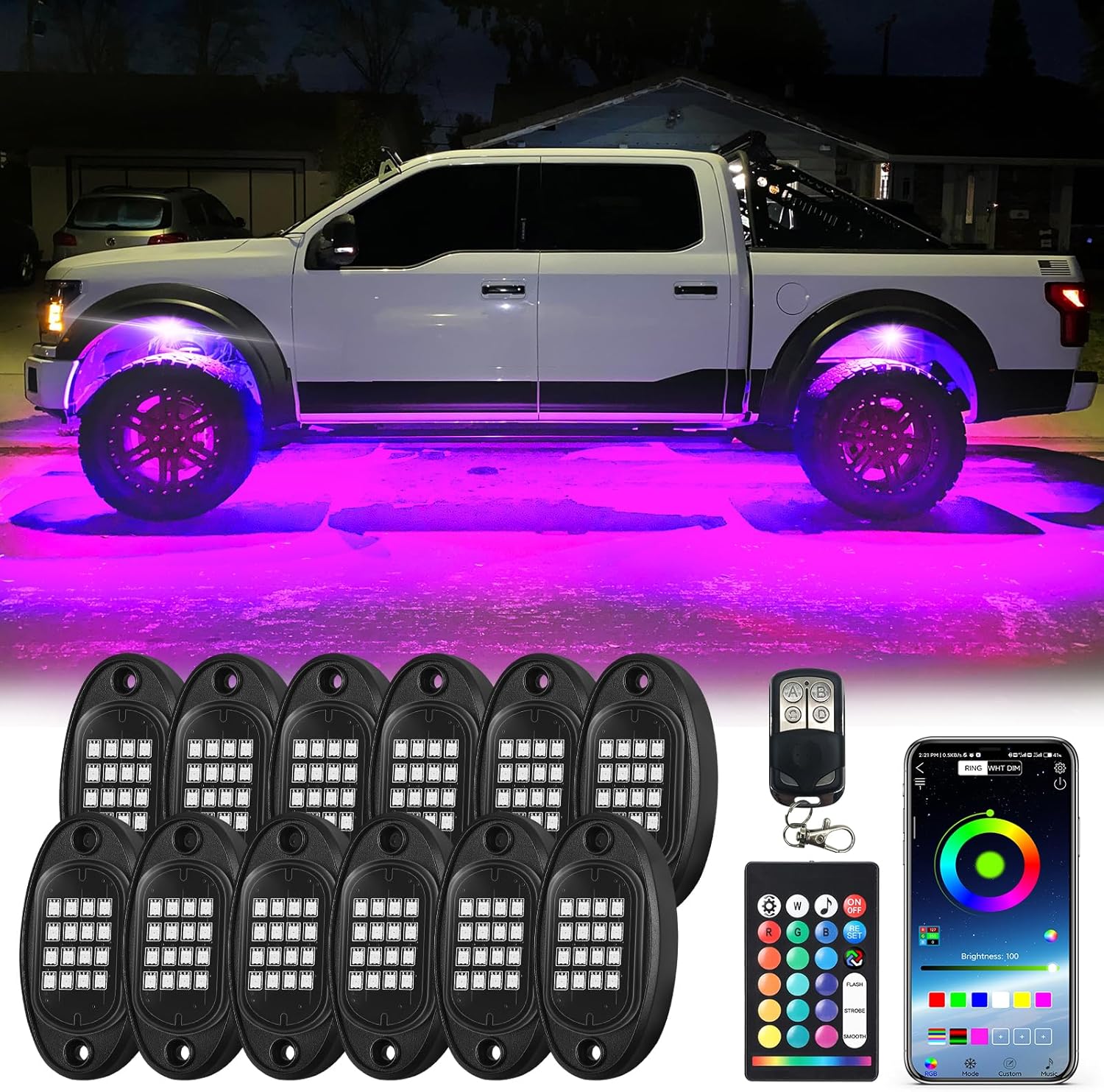 12Pods Segmented RGB LED Rock Lights Kit with APP/RF Remote Control, Upgraded Underglow Lights Multi Zone Neon Underbody Light Multi Color 12V Waterproof for Trucks Jeep UTV ATV Golf Cart Offroad SXS