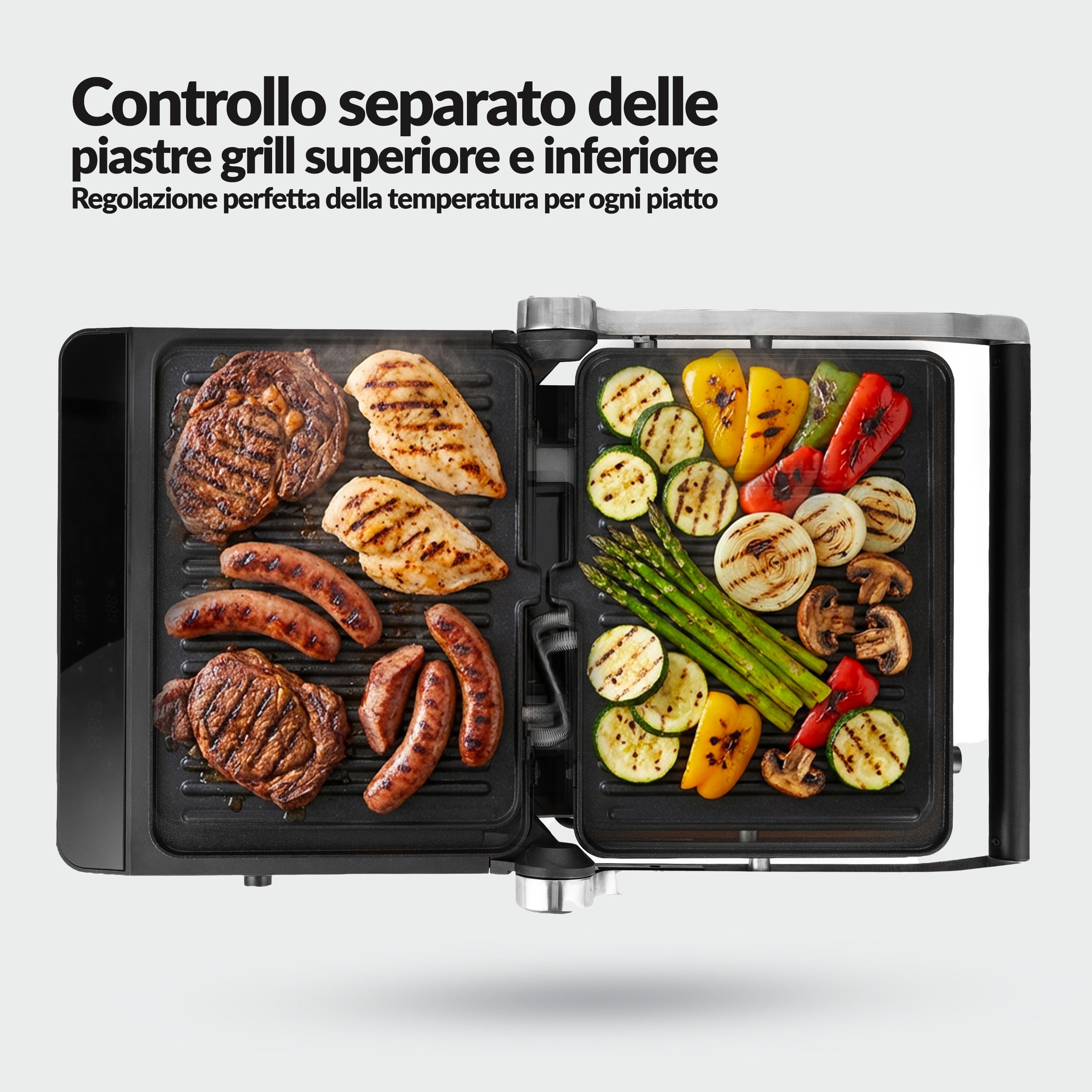 LEHMANN Bistecchiera Elettrica, 2000 W, Apertura 180°, Piastre Antiaderenti Rimovibili, 10 Programmi, Regolazione Temperatura 90-230°C, Timer 1-240 min, Griglia per Cucinare Carne, Pesce e Verdure