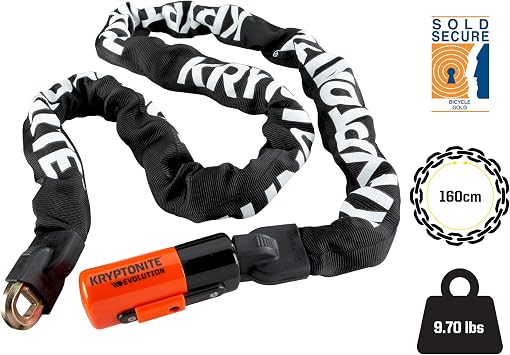 Kryptonite 1016 Evolution 9.7 Pound Integrated Bike Chain - 5.25 ft Long 10mm Steel Chain with Keys for Bicycles; E-Bikes; Motorcycles; Scooters