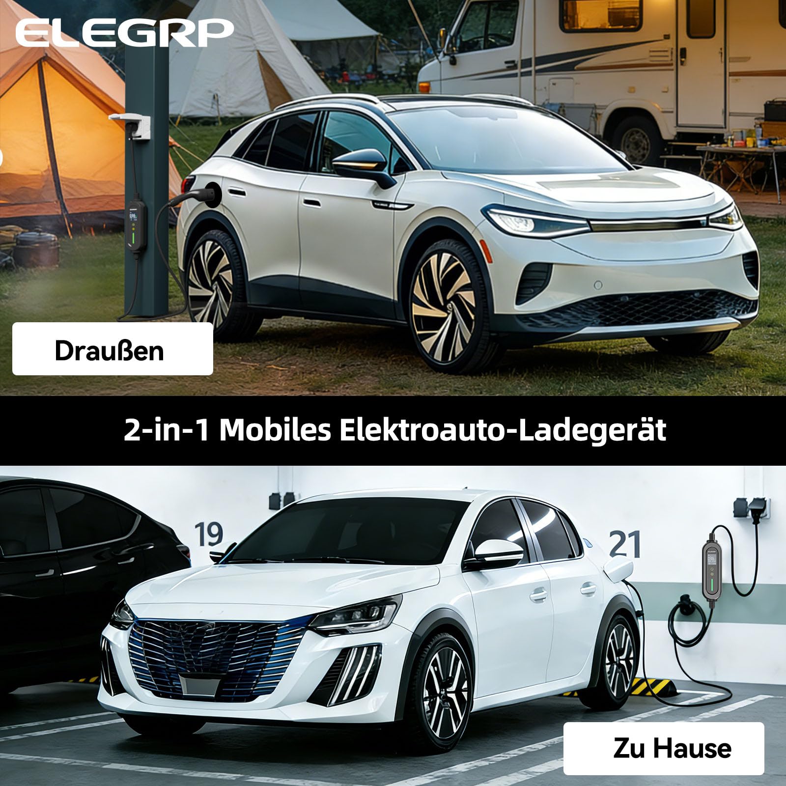 ELEGRP Typ 2 Ladekabel Schuko 7m, 3,68kW (1-phasig, 6-16A einstellbar) – Mobile Ladestation mit verzögertem Ladestart, IP66 wasserdicht, Plug & Play, kompatibel mit EVs & PHEVs (IEC 62196-2)