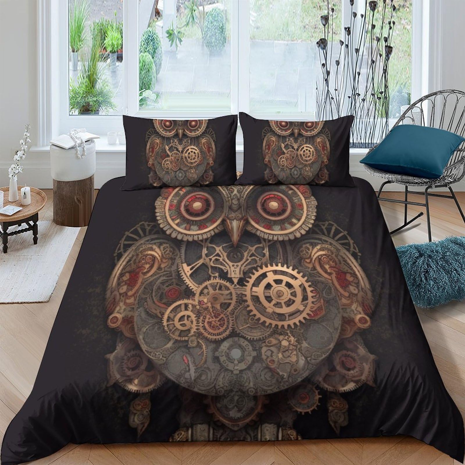 GPLZQXKJNH 3D Printed Steampunk Owl Duvet Cover Microfiber Soft Breathable Mechanical Gear Bedding Set with 2 Pillowcases for Bedroom Decor Single（135x200cm）