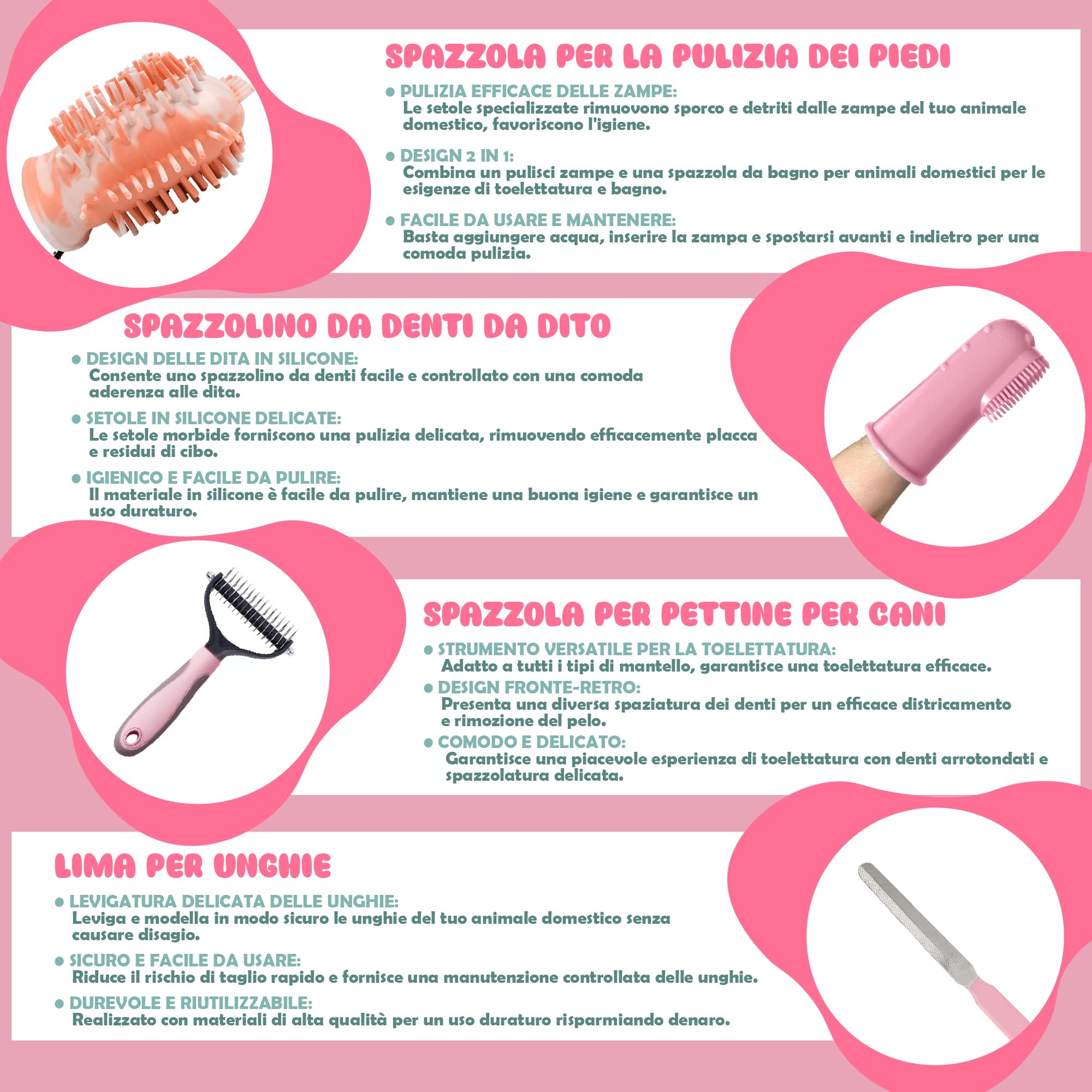 Kit Toelettatura Cani e Gatti 9 Pezzi, Rosa – Spazzola Autopulente, Taglia Unghie Cane e Gatto Adulto, Lava Zampe, Spazzola Lavaggio con Sapone, Guanto, Pettine e Lima