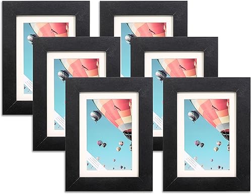 The Display Guys - Juego de marcos minimalistas de madera negra, vidrio templado, 5 x 7 pulgadas, mate a 4 x 6, caballete de mesa, paquete de 6