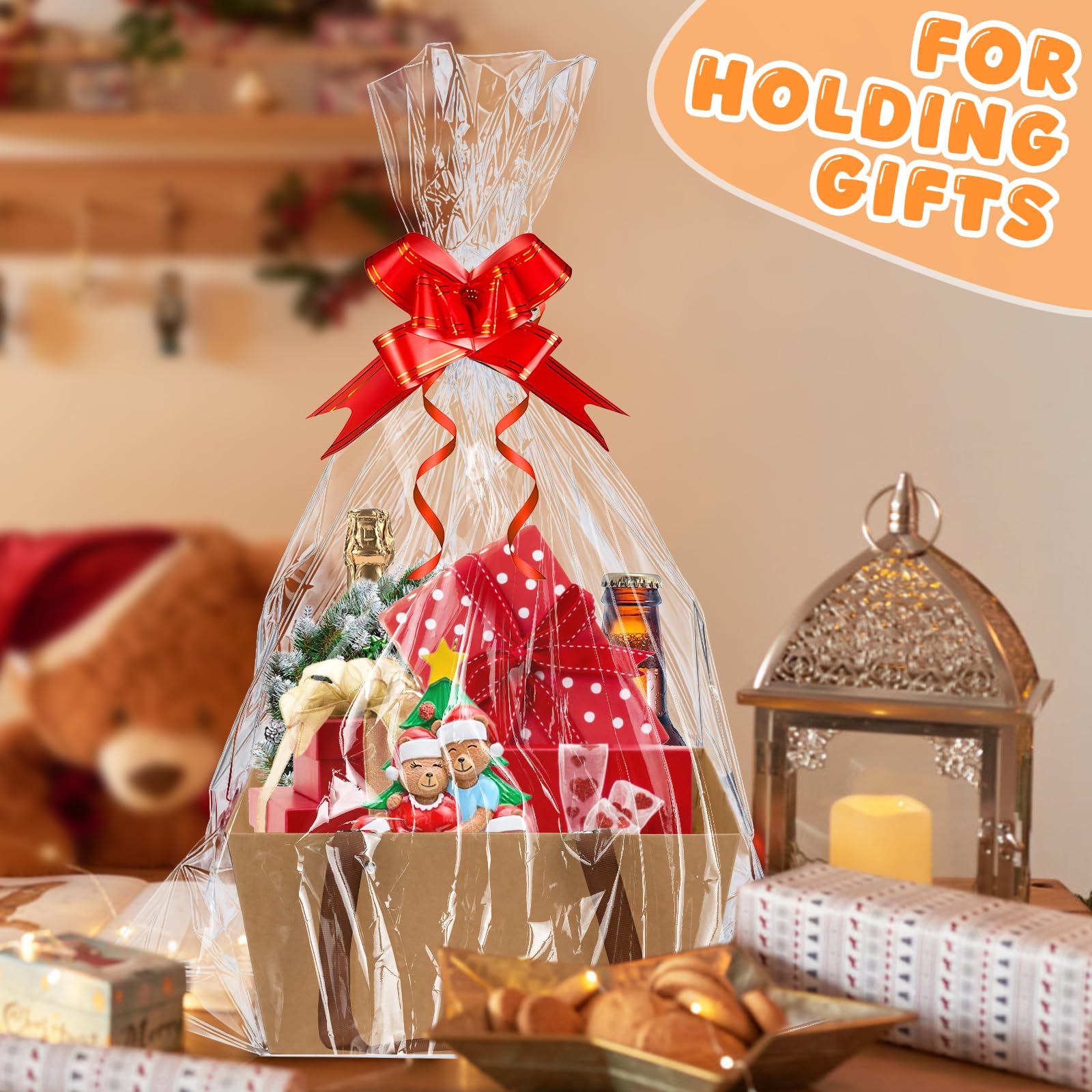 Set Di 6 Cestini Regalo In Cartone Con Manici, Fiocchi E Sacchetti Trasparenti - Bianchi, 25x20x11,5 Cm - Per Natale, Lauree, Matrimoni, Fai Da Te - 2