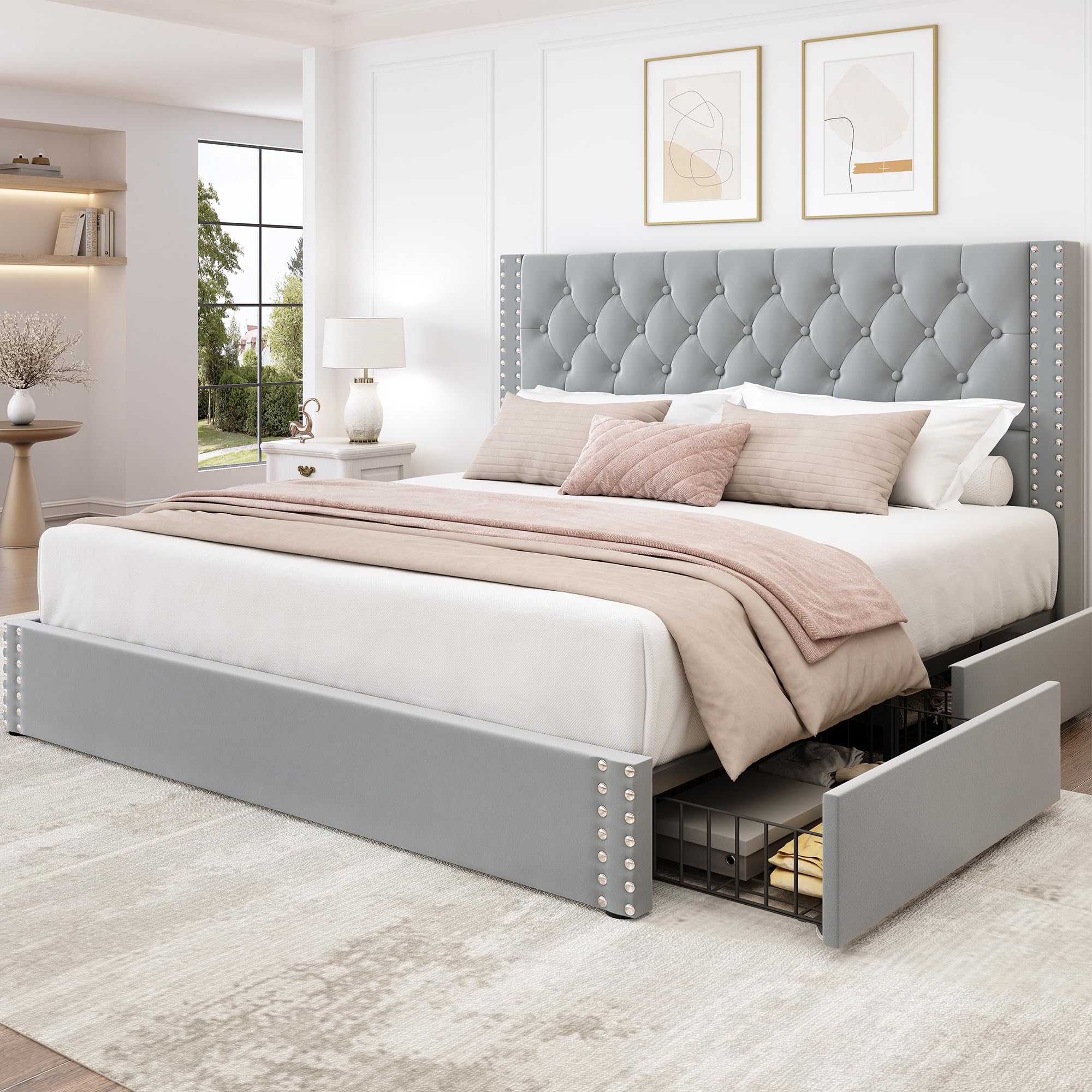 LARMACE King Size Bed Frame Upholstered Platform Bed with 4 Storage Drawers and Tufted Headboard Velvet Bed Frame with Heavy Duty Wood Slats, No Box Spring Needed, Easy Assembly, Bluish Grey