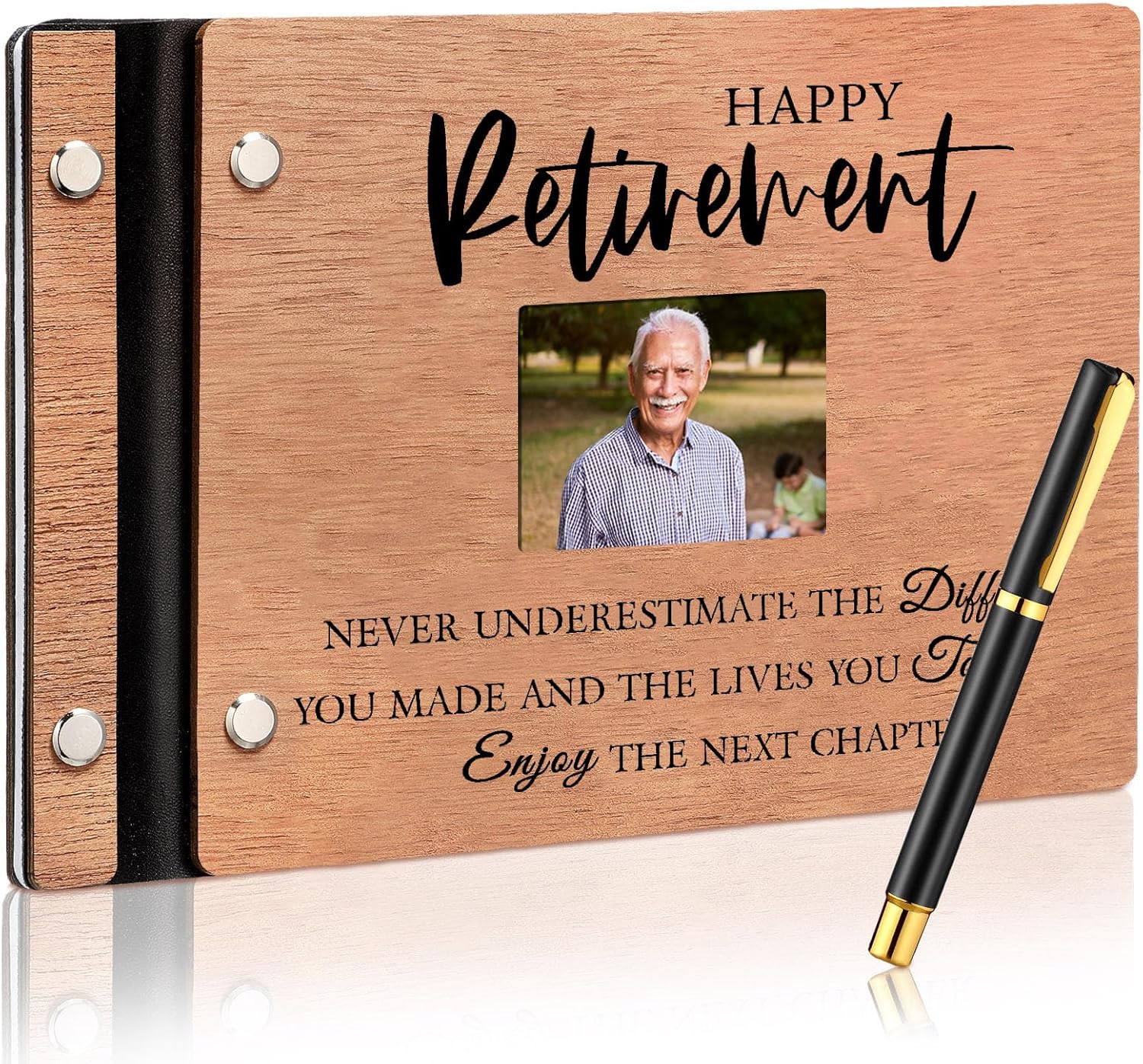 Skyygemm Wood Retirement Guest Book with Signature Pen Retirement Party Decorations Supplies Gifts for Women Men Office Colleague Advice and Wishes(Happy Retirement)