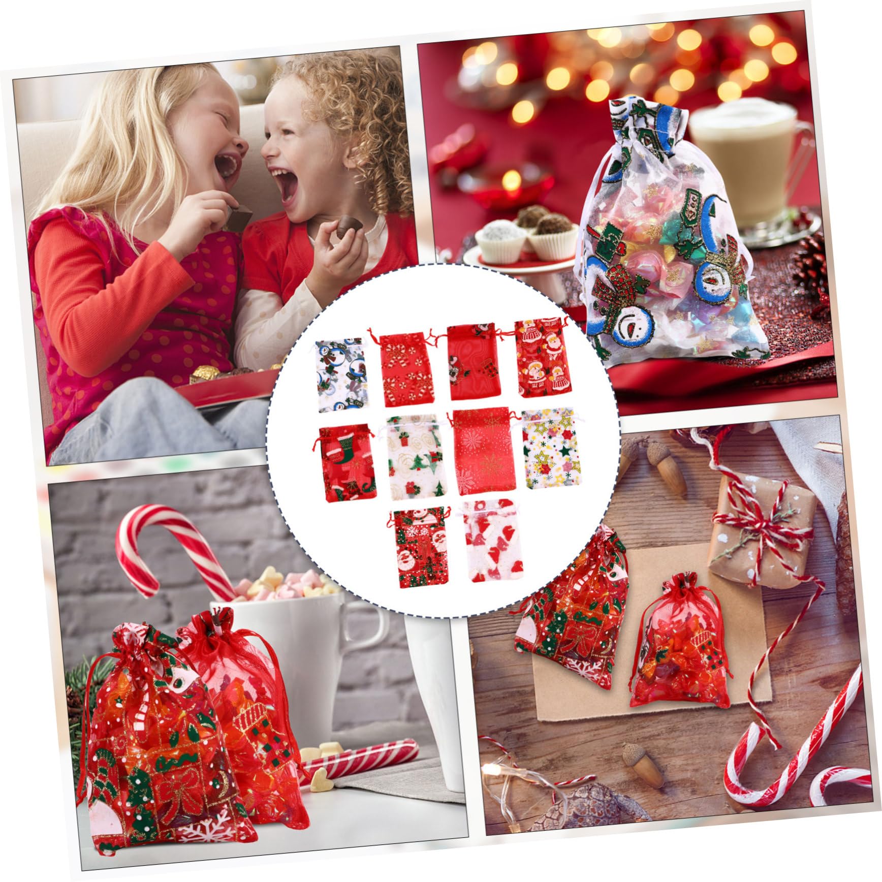 NIYANGLE 50 Pezzi Sacchetti Regalo in Organza Forma Fiocco Stella Renna Babbo Natale per Confezioni Caramelle Feste Natalizie Piccoli Doni