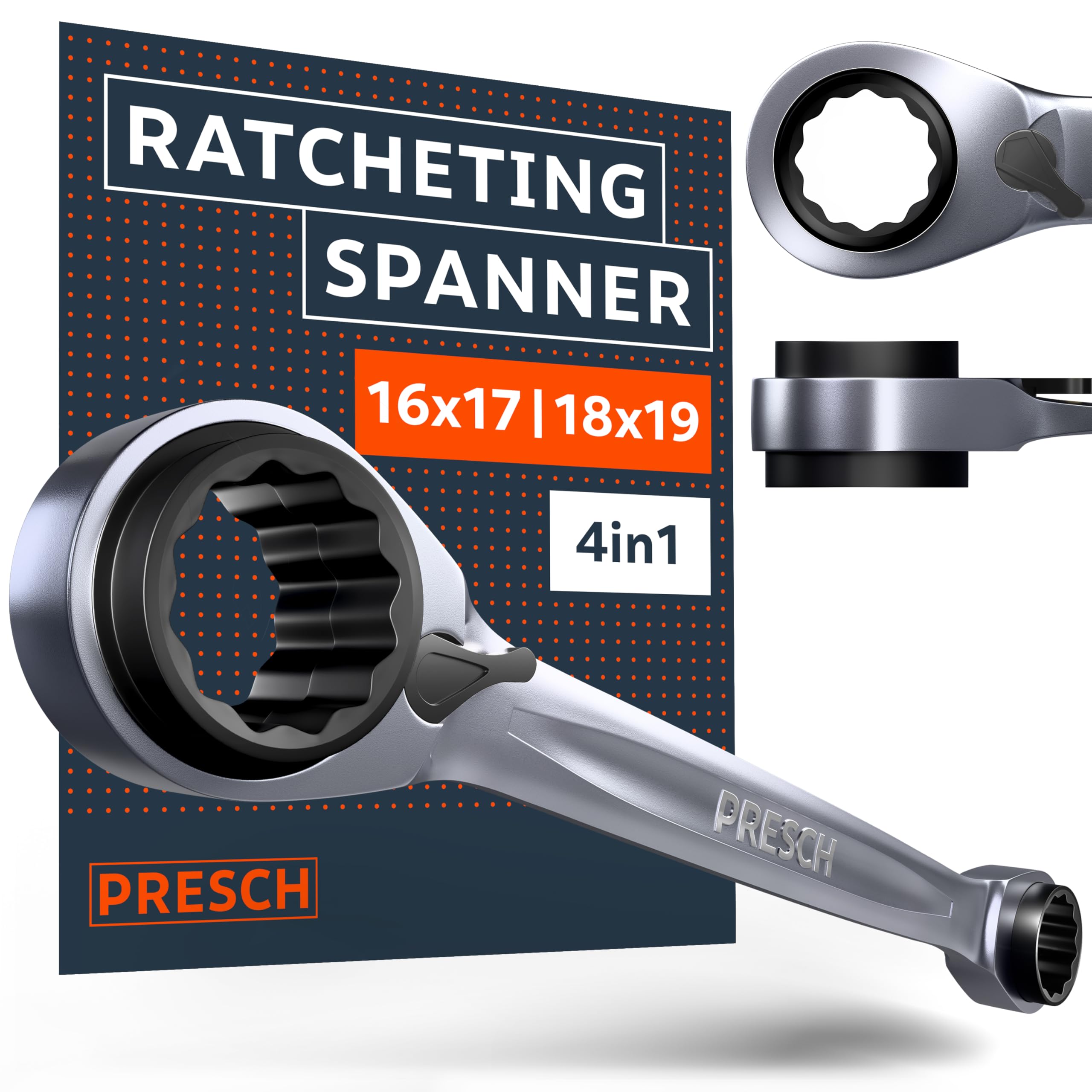 PRESCH Double Ratchet Spanner 4-in-1 (16mm/17mm & 18mm/19mm), Reversible Ratchet Function, with 90 Teeth & 4° Return Angle