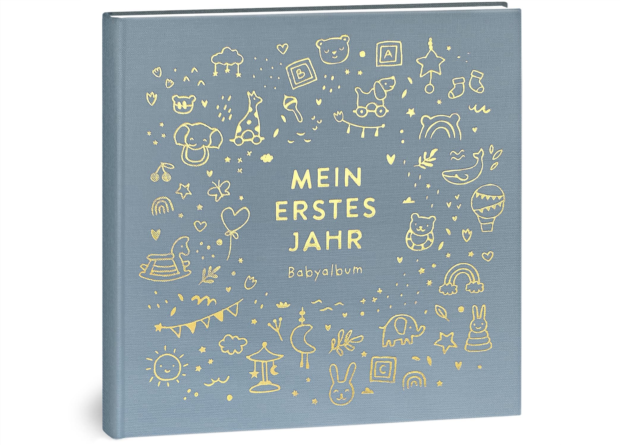 Mein erstes Jahr Babyalbum - Hochwertiges Leinenbuch mit Goldprägung für die schönsten Erinnerungen - Babybuch zum Eintragen für das erste Lebensjahr - Baby Geschenk zur Geburt (Spielzeug Blau)