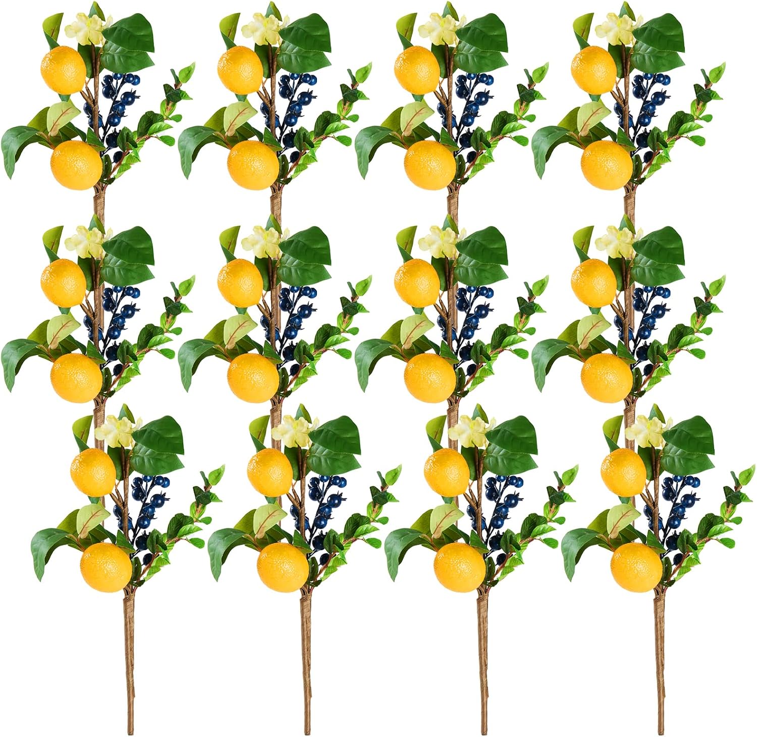 6 Pack Spring Summer Decorative Picks Artificial Lemon Blueberry Plants Branches Artificial Lemons Blueberries and Eucalyptus Leaves Faux Fruit Floral Stems for Home Décor (6pack)