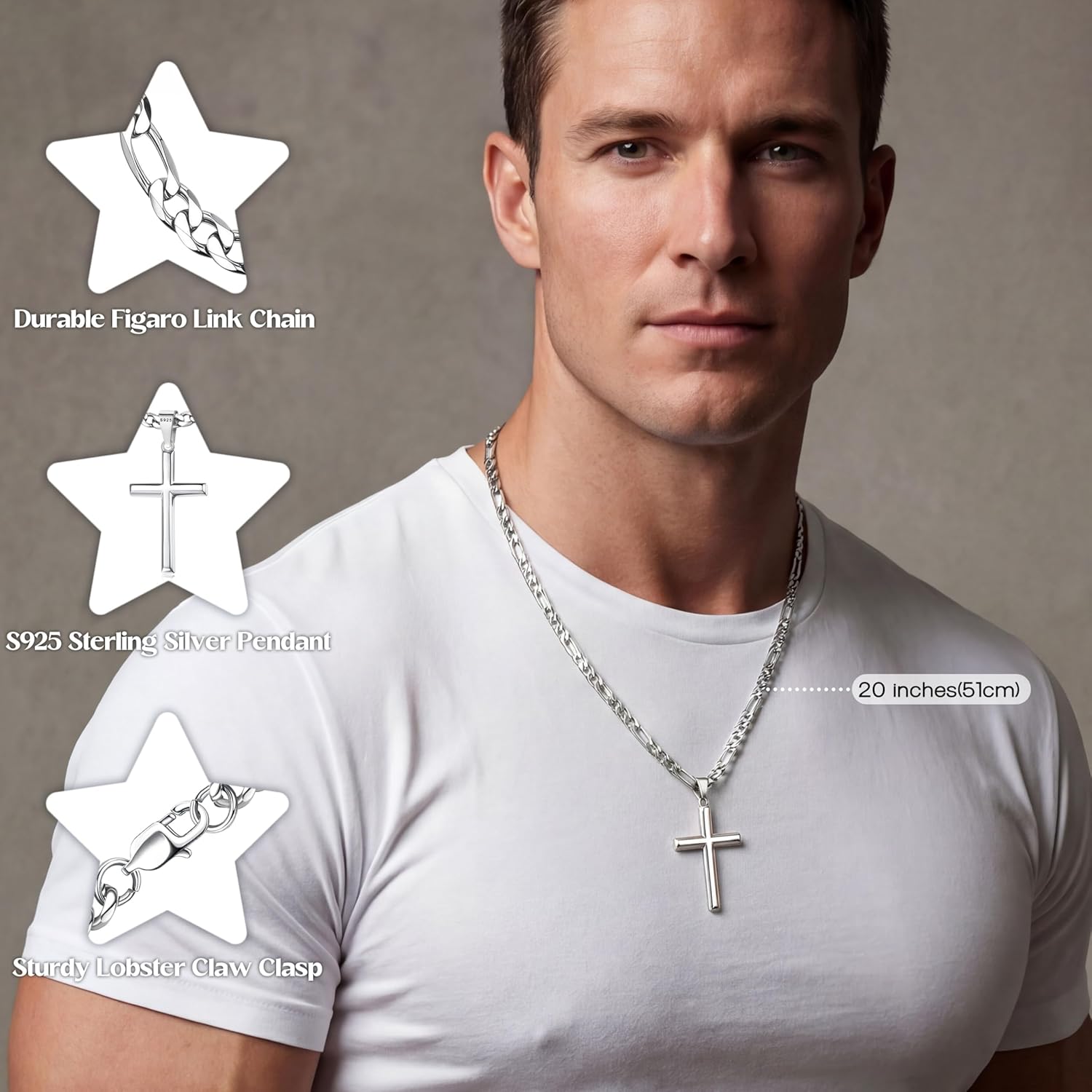 MILACOLATO 925 Sterling Silver Cross Necklace for Men Women - 5mm Durable 316L Stainless Steel Figaro Link Chain with Beveled Edge Cross Pendant, Silver Crucifix Necklaces Jewelry, 16-30'' Christian Baptism Gift - Image 2