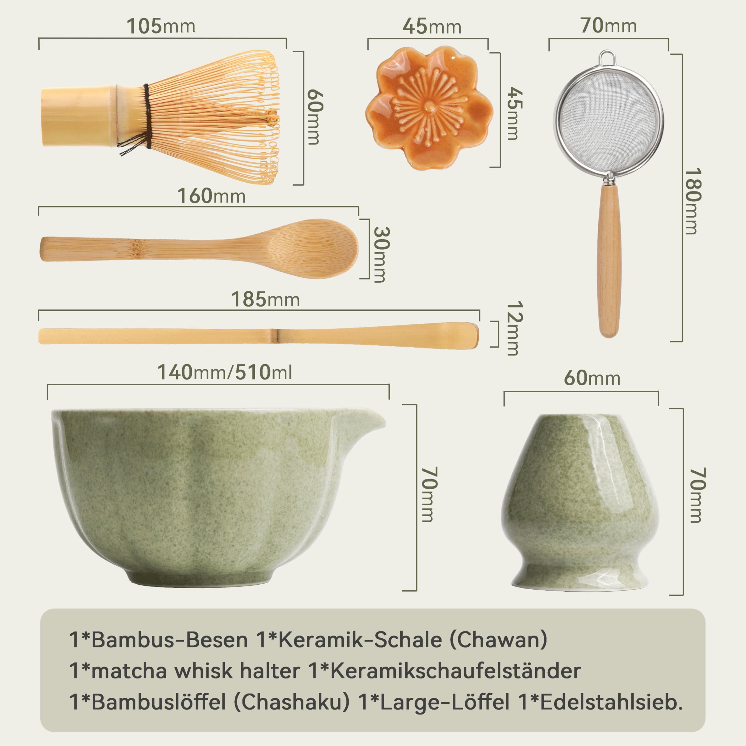 Set Matcha Premium 7 Pièces – Ensemble Exclusif pour Cérémonie du thé avec Chasen en Bambou (fouet), Bol en Céramique Rose, Cuillère et Accessoires
