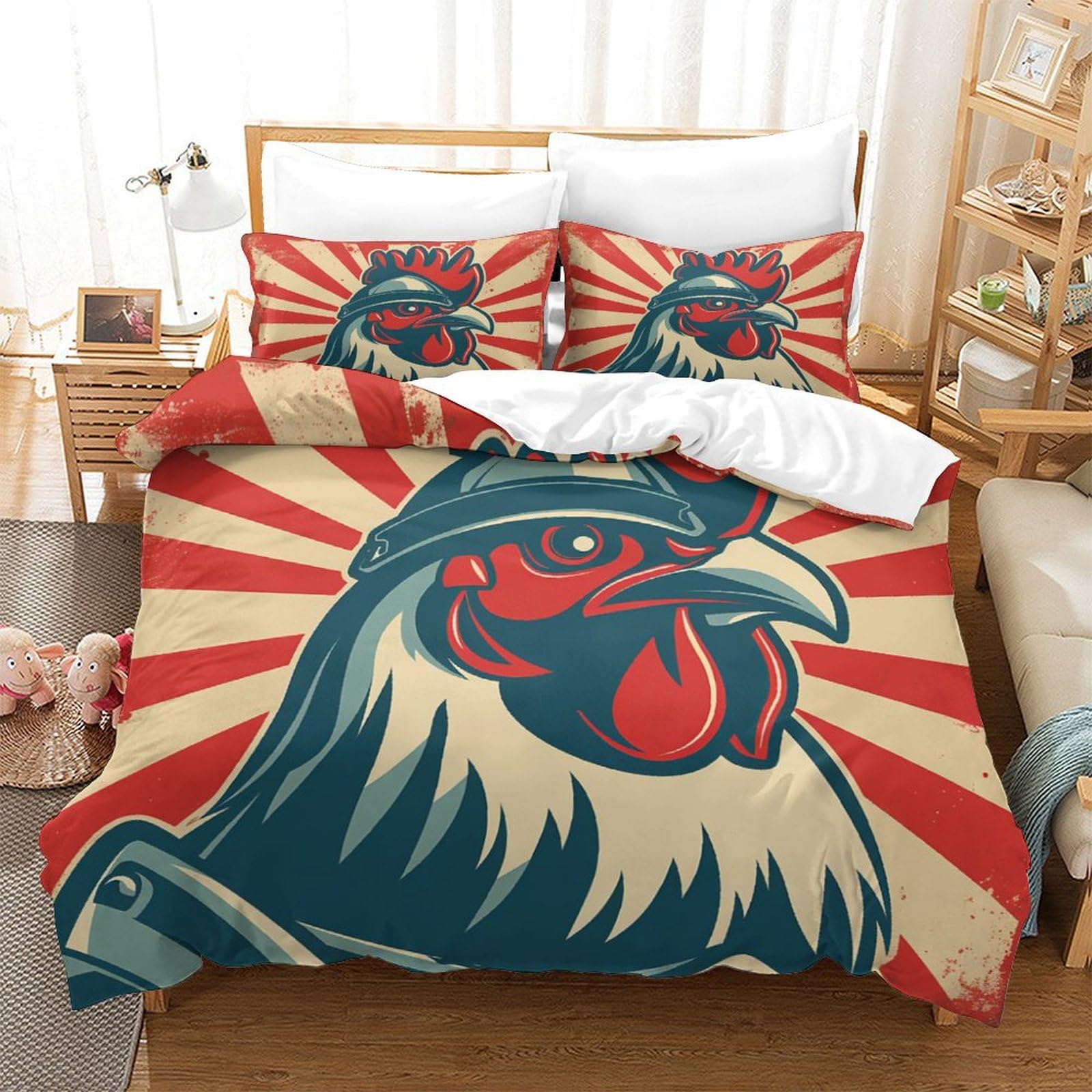 P1s9u7w5y Gallic Rooster-9 Retro Rooster 3D Printed Duvet Cover Set 3Pcs Microfiber Farm Animal Bedding Set King（220X240cm）
