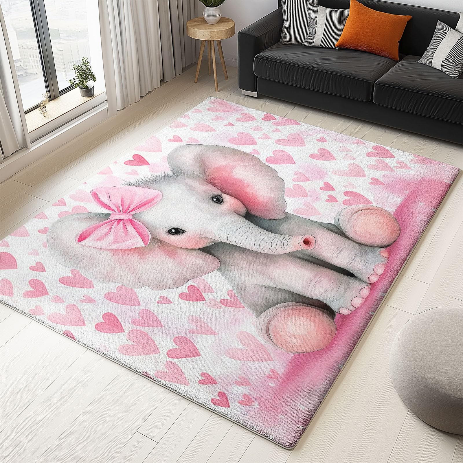 Generico Tappeto Nursery per Neonate, Morbido Pluche Antiscivolo per Bambine, XL, Elefante con Cuori Rosa Decorazione Gioco, 140 x 200 cm