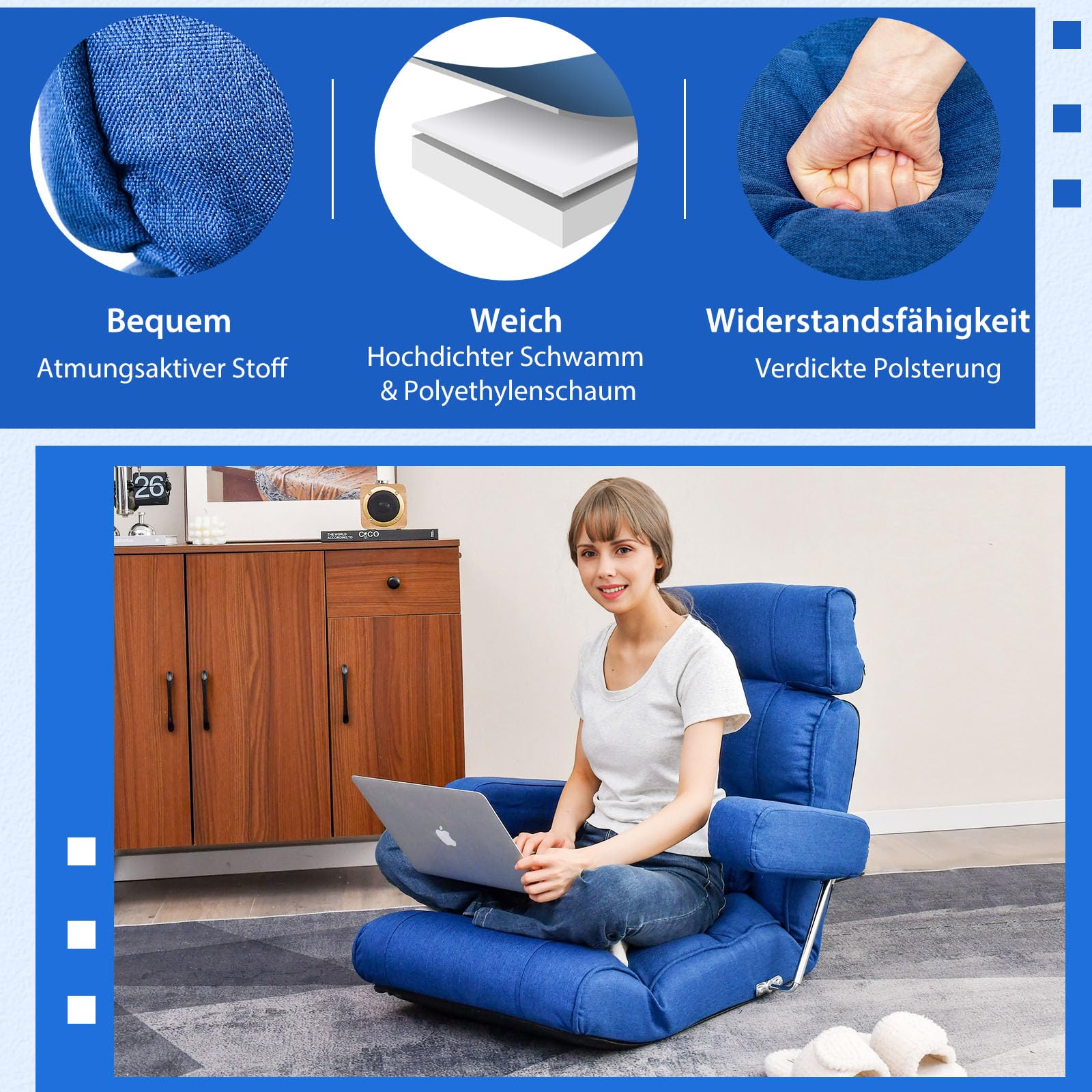 GOPLUS Bodenstuhl, Relaxliege mit Armlehne & Verstellbarer Rückenlehne, Bodensessel mit Schlaffunktion, Relaxsessel Meditationsstuhl Bodensofa für Zuhause & Büro (Blau)