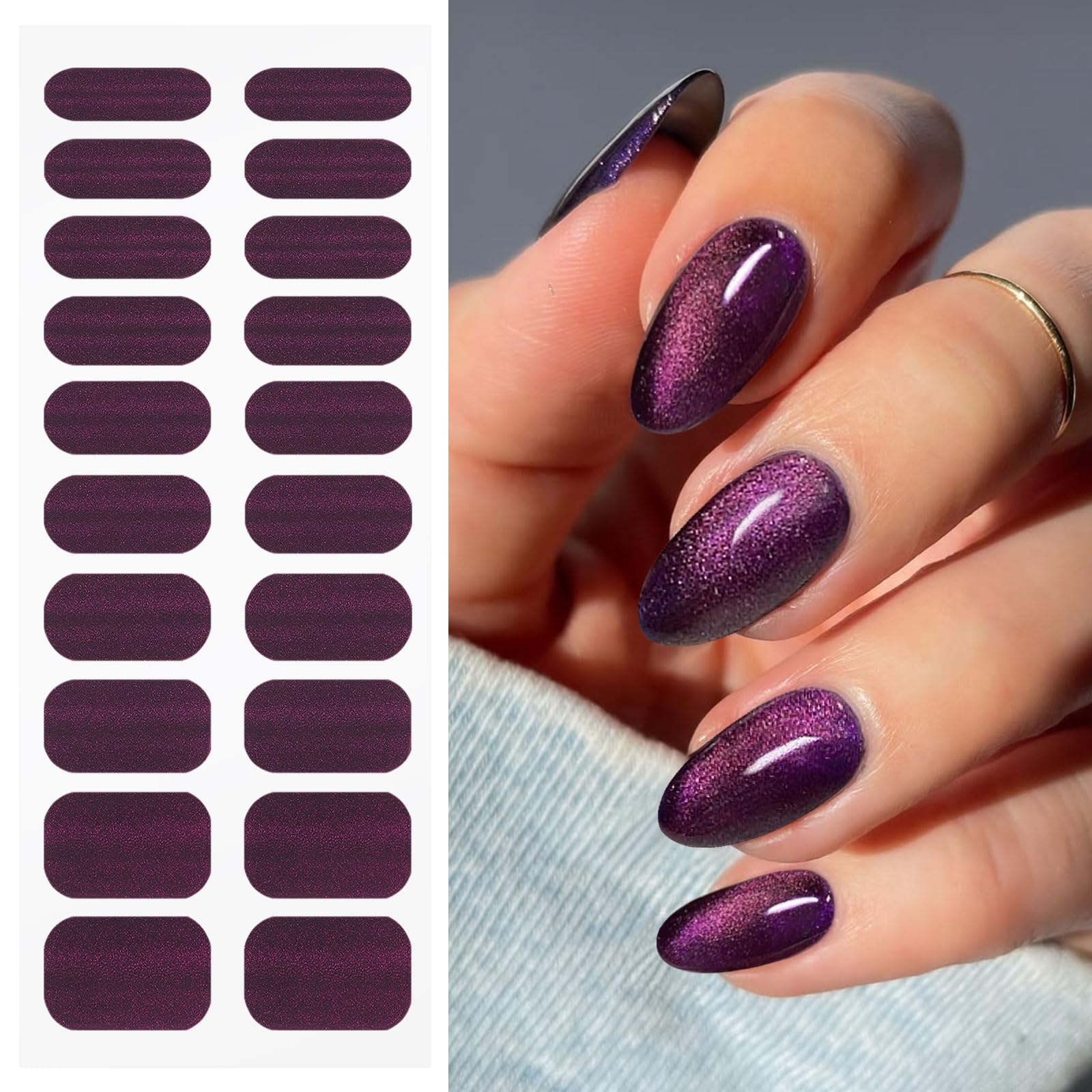 JMEOWIO Gel Nail Stickers Deep Purple Cat Eye Semi Cured Gel Nail Strips Wraps UV/LED Nails Art Design Decoration Accessories - Image 2