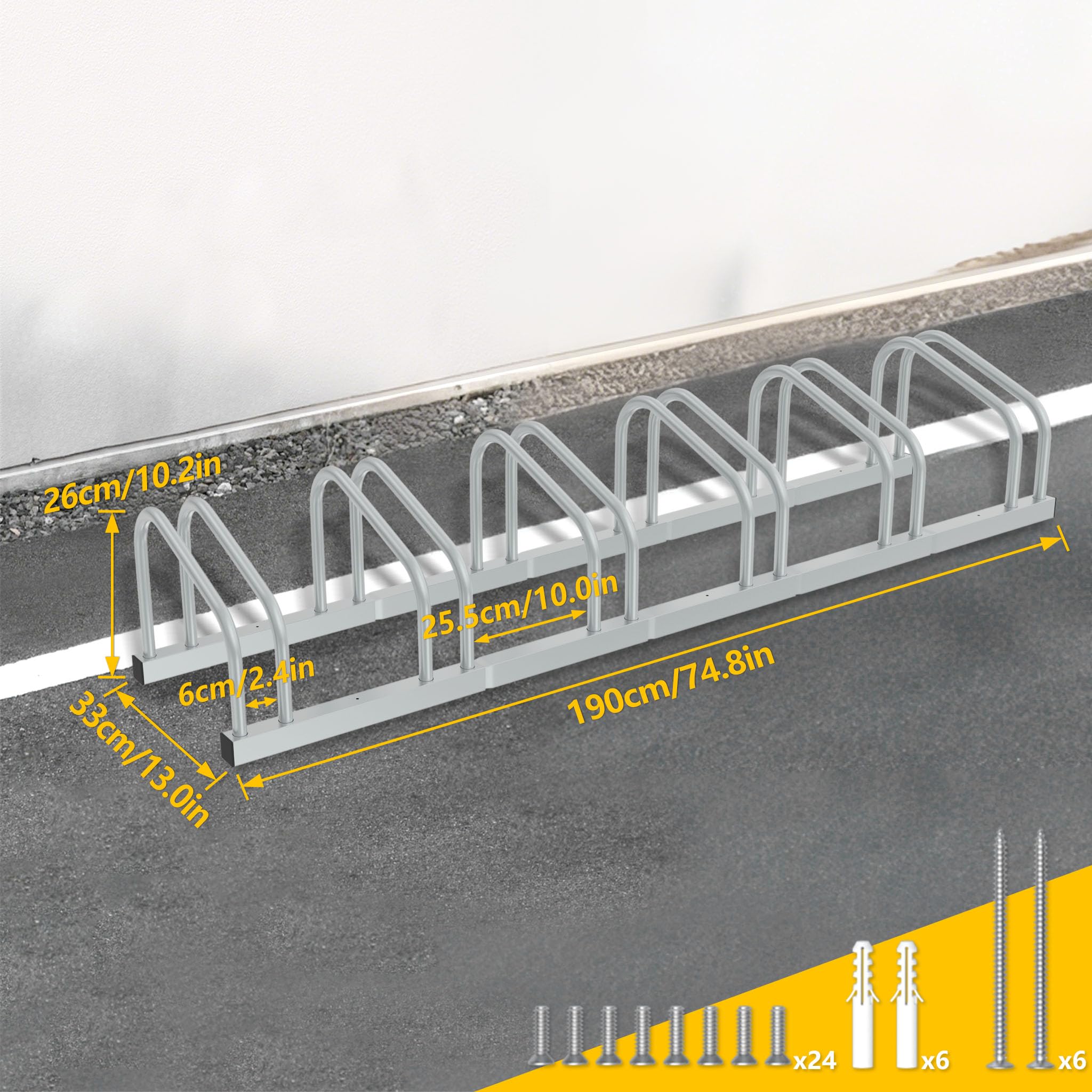 AUFUN Parcheggio bici per 6 Biciclette Anti-ruggine Portabiciclette Rastrelliera Supporto in metallo para Pavimento o Paretesalvaspazio, Risparmio di Spazio
