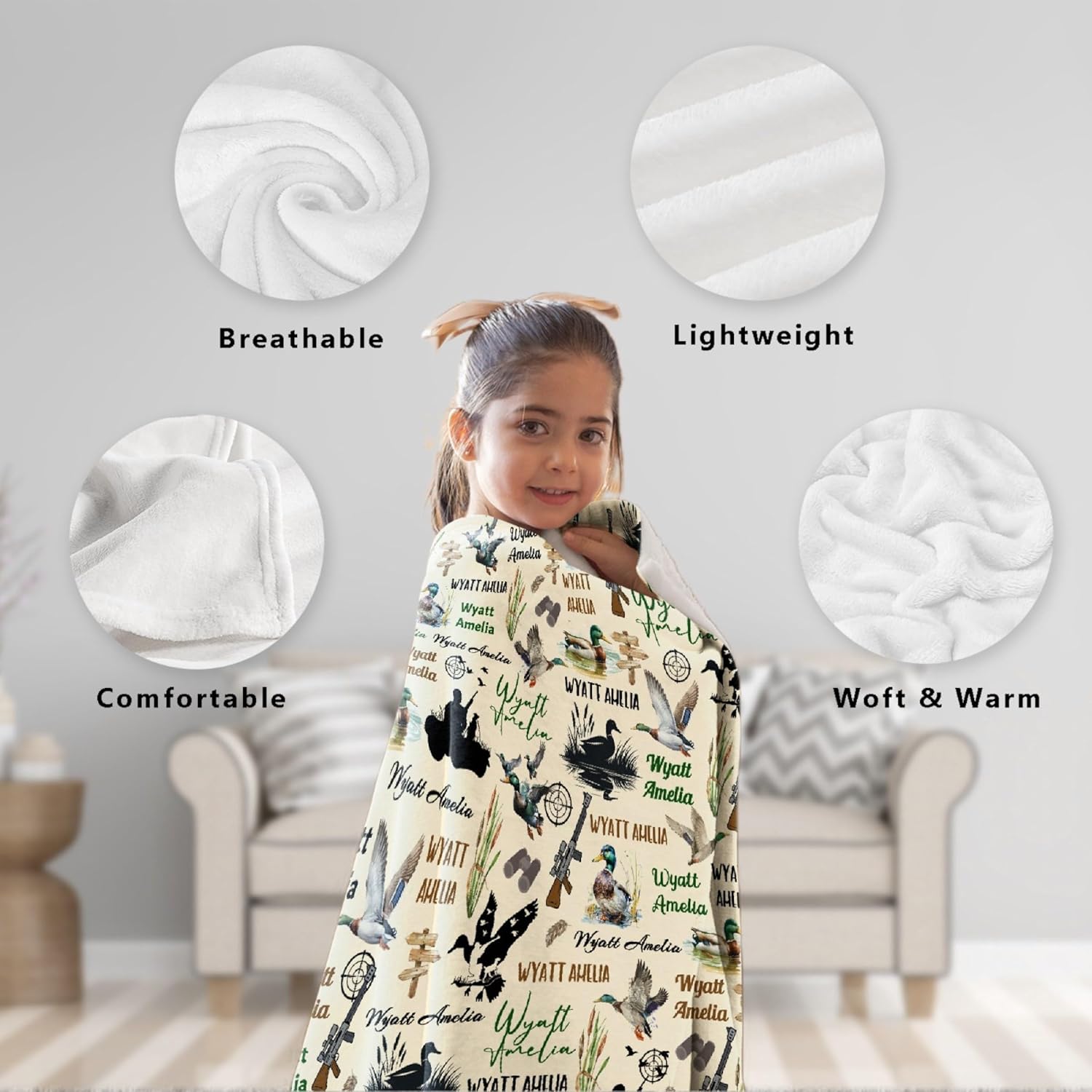 Personalized Mallard Duck Blanket - Customized Hunting Name for Boy Girl, Waterfowl Baby Receiving Blanket, Hunter Wildlife Gift 60"x80"