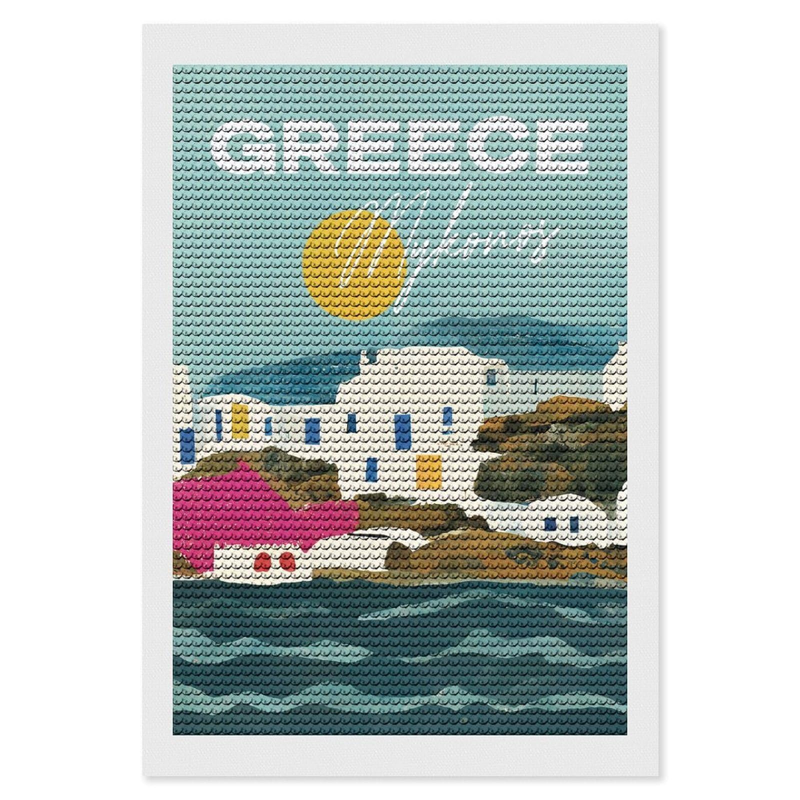 Junmoney Sun Over Mykonos Greece Diamond Art Kit 8"x12", Relaxing DIY Hobby, Satisfying Creative Project, Living Room Decor, for Women