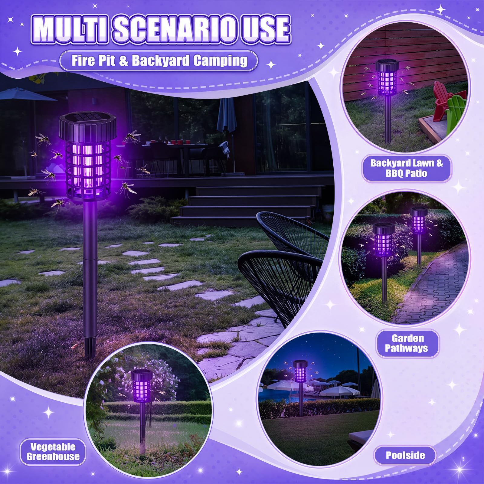 Qualirey Confezione da 4 lampade a energia solare per esterni, impermeabili, repellenti per zanzare, con luce LED, per esterni, giardino, patio, cortile (luce bianca e viola, nero)