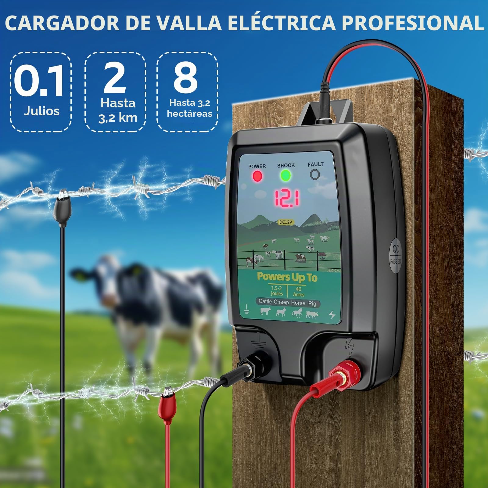 10KM Pastor Eléctrico, 12V Cerca Eléctrica Controlador | Con pantalla LED para Animales Ovejas, Caballos, Ganado, Aves, Pastor