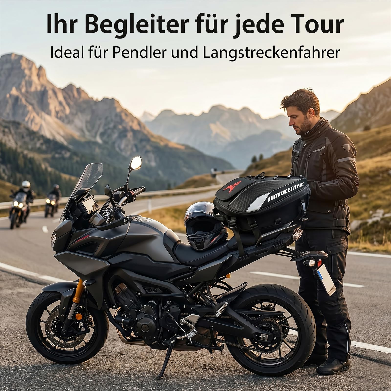 MOTOCENTRIC Motorrad Hecktasche Erweiterbar 25L-38L, Motorradrucksack mit Regenhaube, Wasserdichte Soziustasche Carbon-Optik für Touren & Alltag